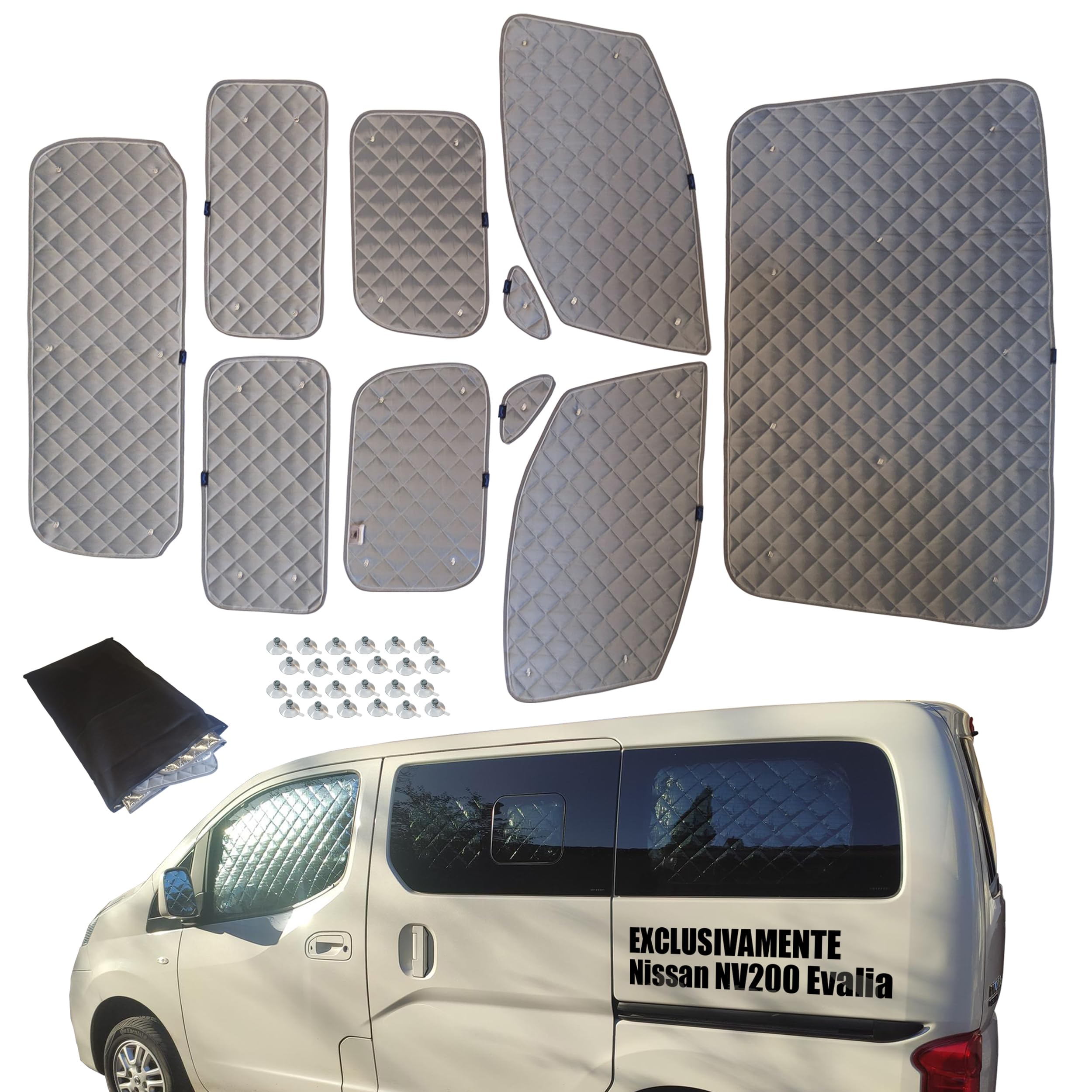 Parasol Furgoneta Camper NV200 Evalia - Aislantes térmicos y Oscurecedores - 8 Piezas Ajuste Interior Gris