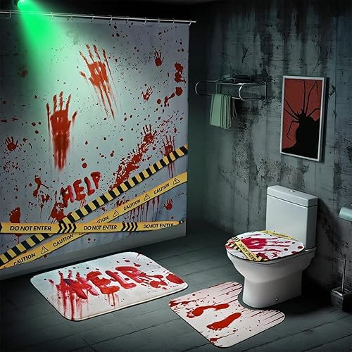 Juego de 4 cortinas de ducha de Halloween, juego de baño impermeable de Halloween con alfombras antideslizantes, cubierta para tapa de inodoro y