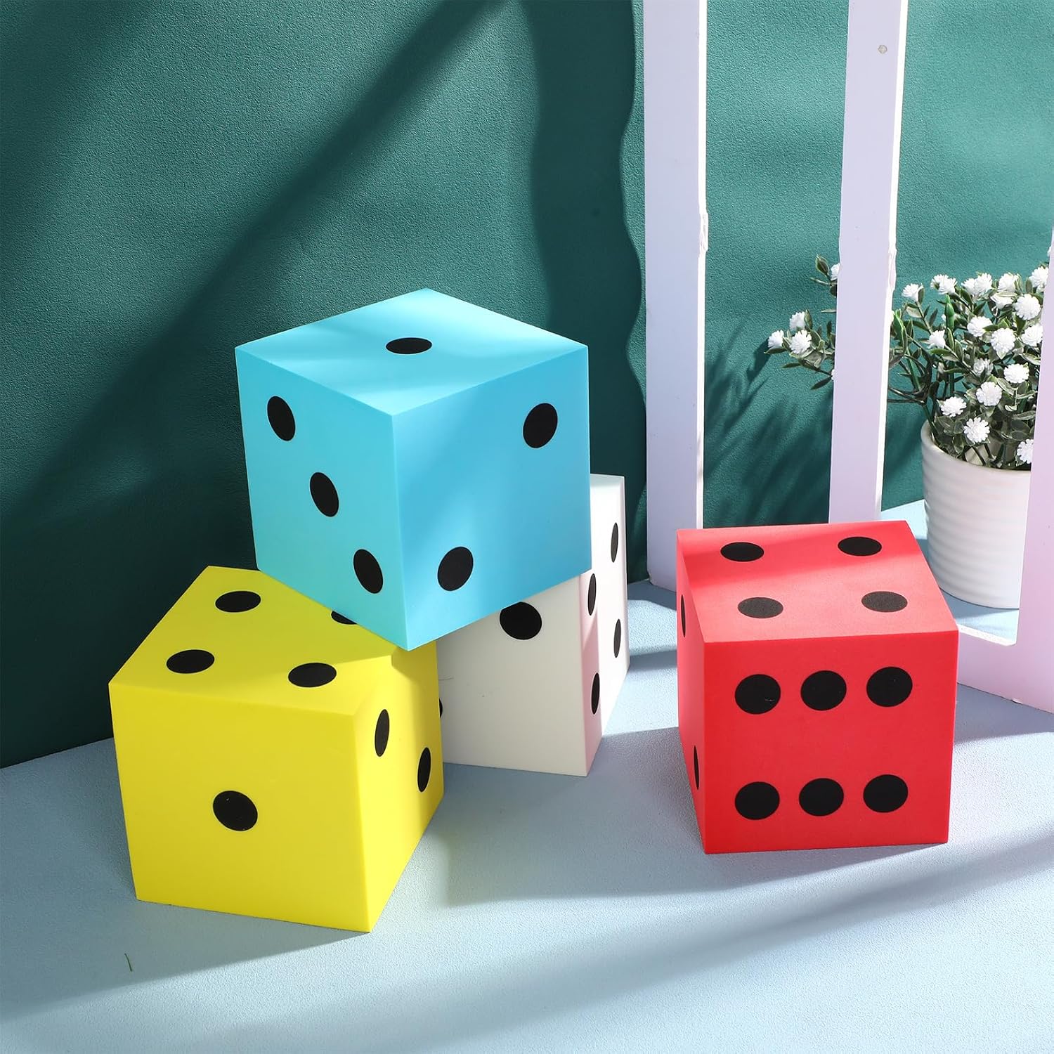 Shappy 4 Pcs 3.5 Inch Large Foam Dice Jumbo Dice, Red, Yellow, Blue, White | Big Giant Foam Dice Soft Large Cube for Math Classroom Party Christmas Game Favors Bag Stuffers, Educational Teaching Tool