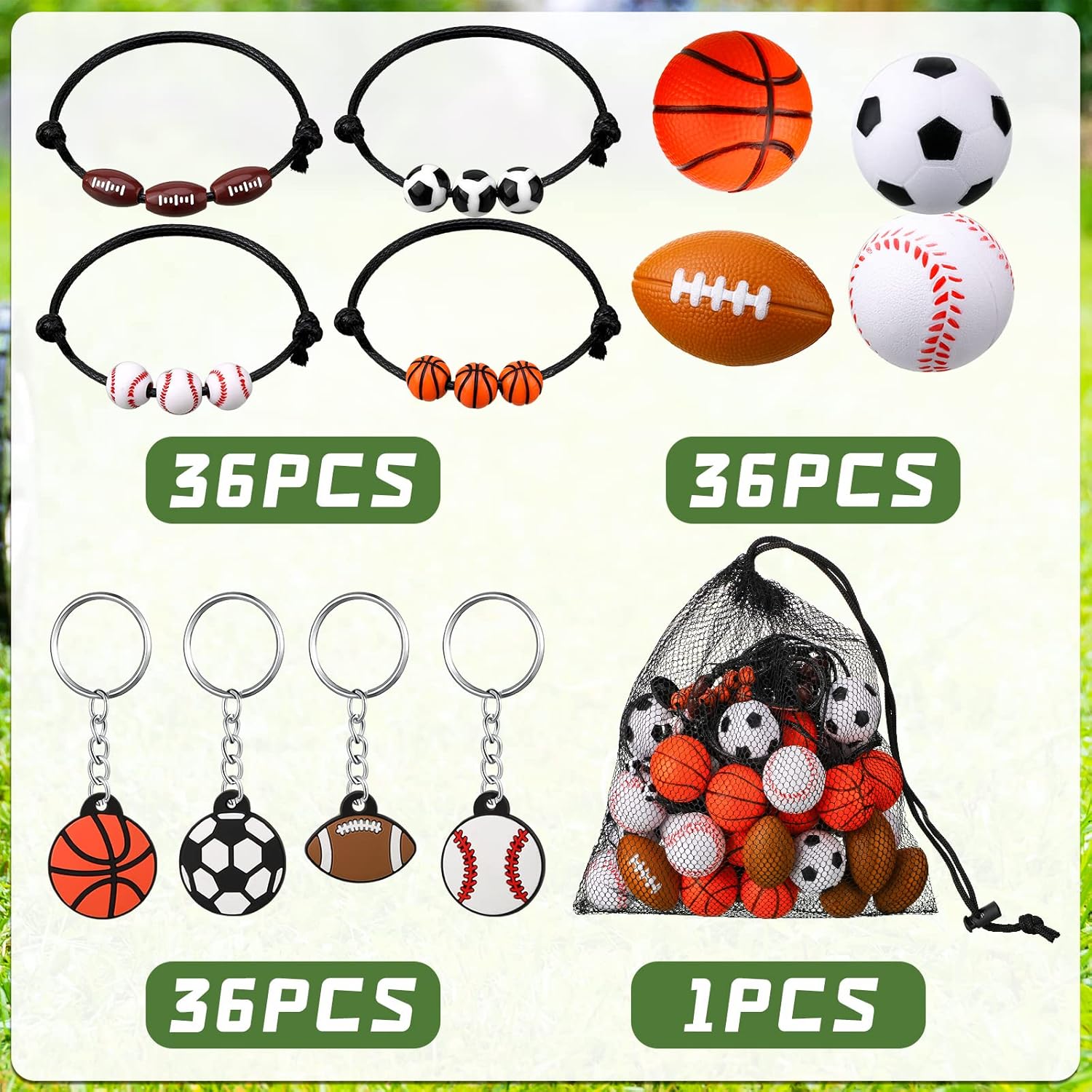 Nosiny Sportball Party Favors - 108 Pcs Bulk Set Including 36 Keychains, 36 Stress Balls & 36 Charm Bracelets for Team Birthday Parties - Image 2
