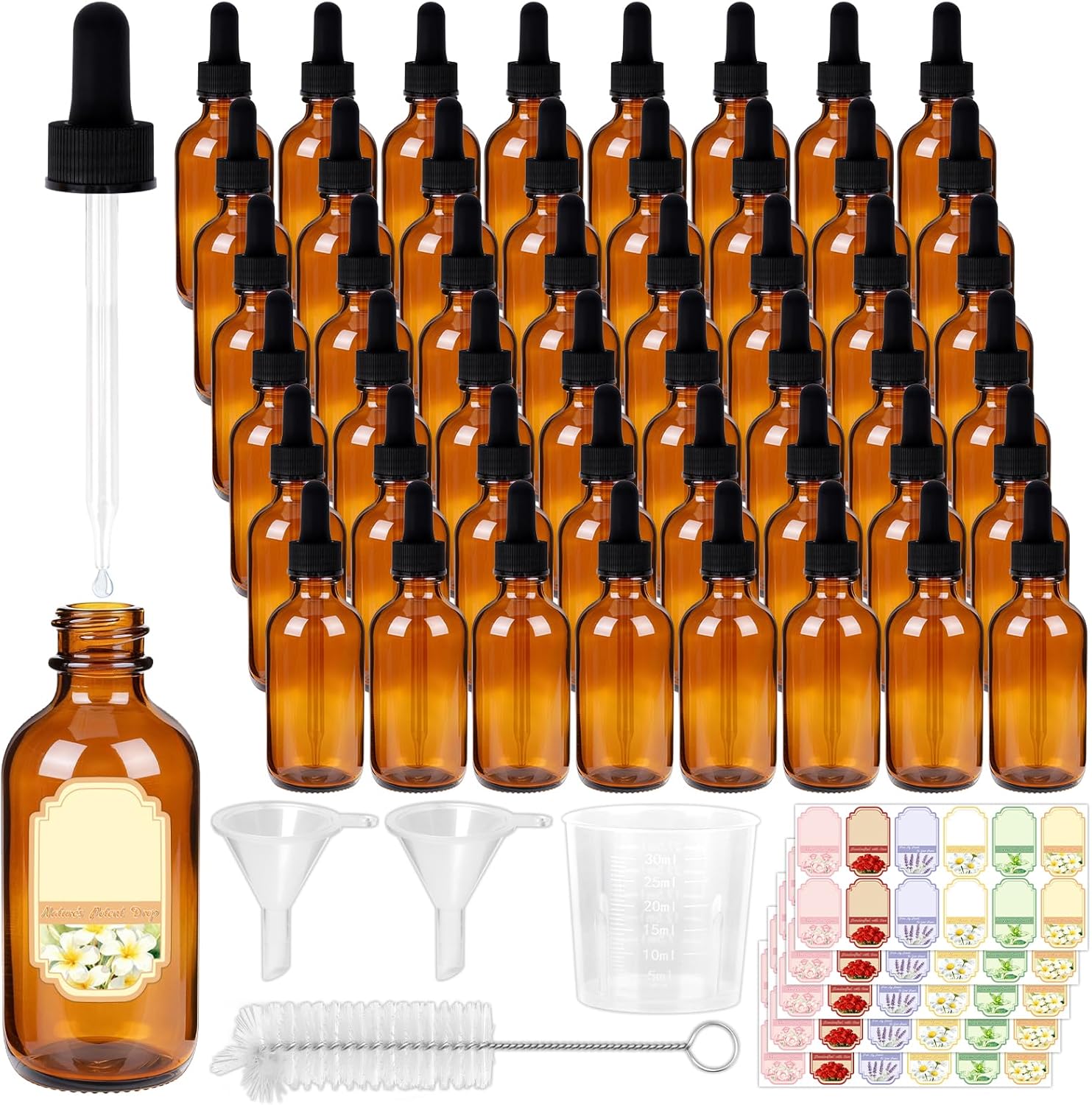 STAERSIDE 48-Pack 1 oz Amber Glass Dropper Bottles, Leakproof & Durable for Essential Oils & Craft Use, Complete Kit with Funnel, Brush, Labels, Extra Droppers & Measuring Cup