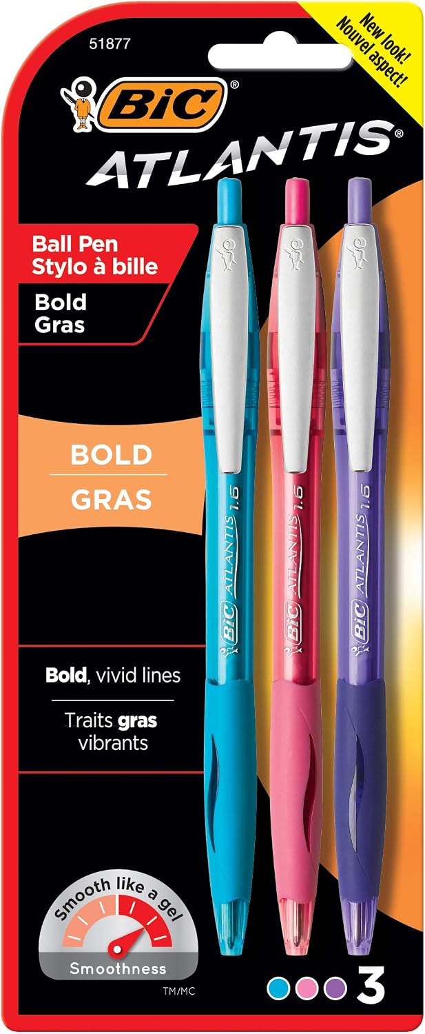BIC Atlantis Bold Retractable Fashion Ballpoint Pen, Bold Point (1.6mm), Black, Comfortable Rubber Grip, 3-Count