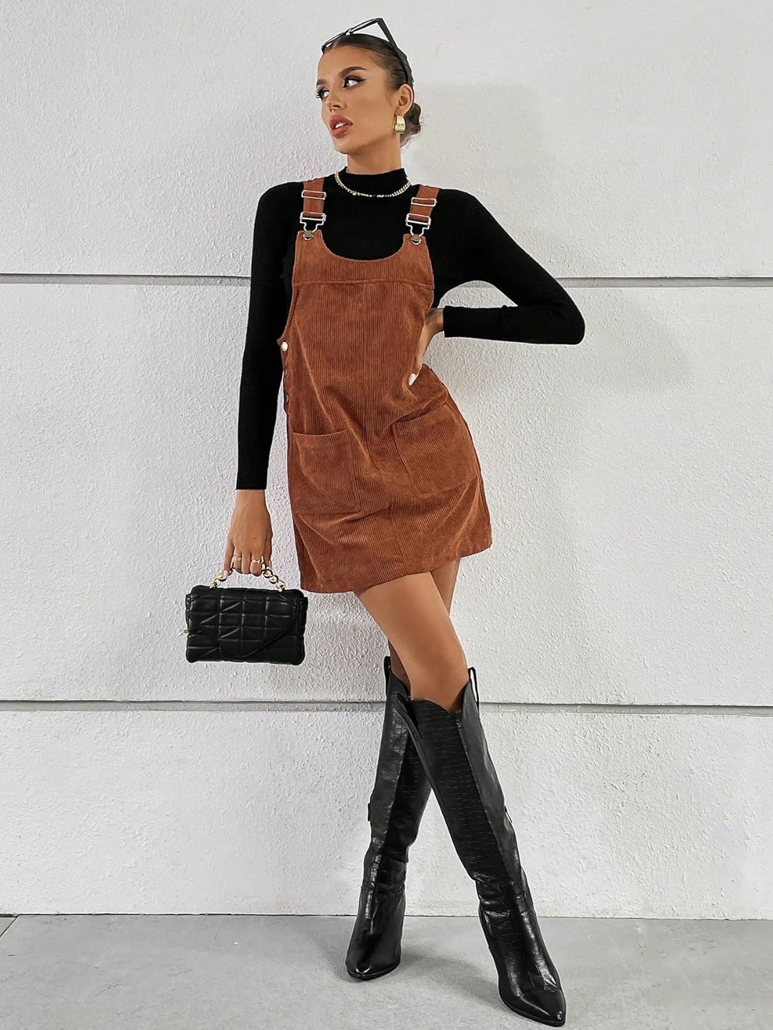 WDIRARA Women's Corduroy Overall Mini Dress Adjustable Straps Sleeveless Slim Fit Casual Dresses with Pockets - Image 5