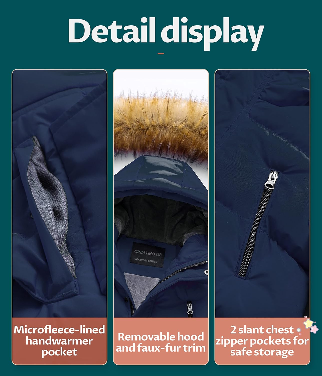 CREATMO US Boy's Winter Parka Water Resistant Hooded Puffer Fleece Lined Jackets Coats - Image 7