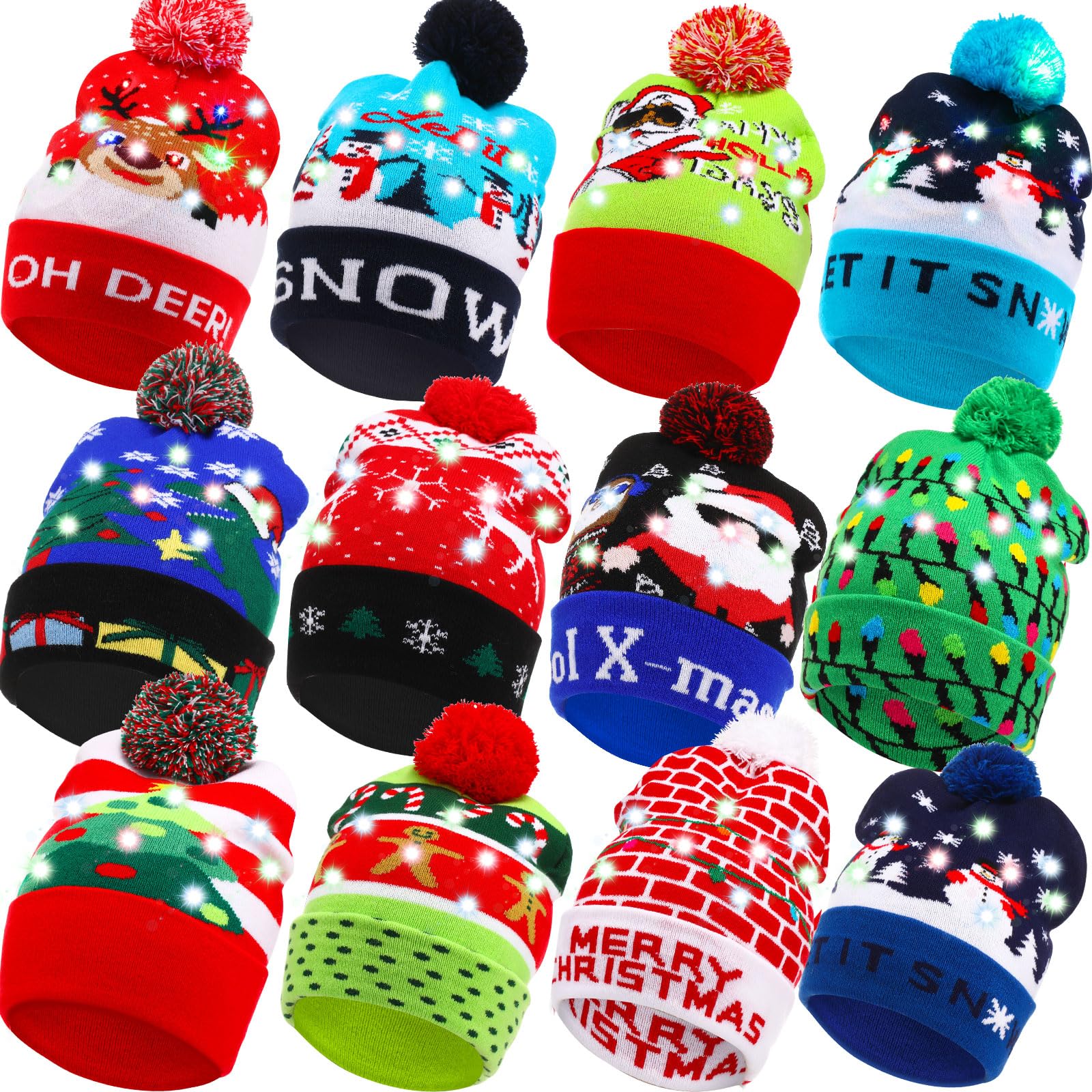 Vicenpal Weihnachtsmütze für Erwachsene, LED, bunt, blinkend, Strickmütze, hässlicher Pullover, Weihnachtsmann, Urlaub, Partyzubehör