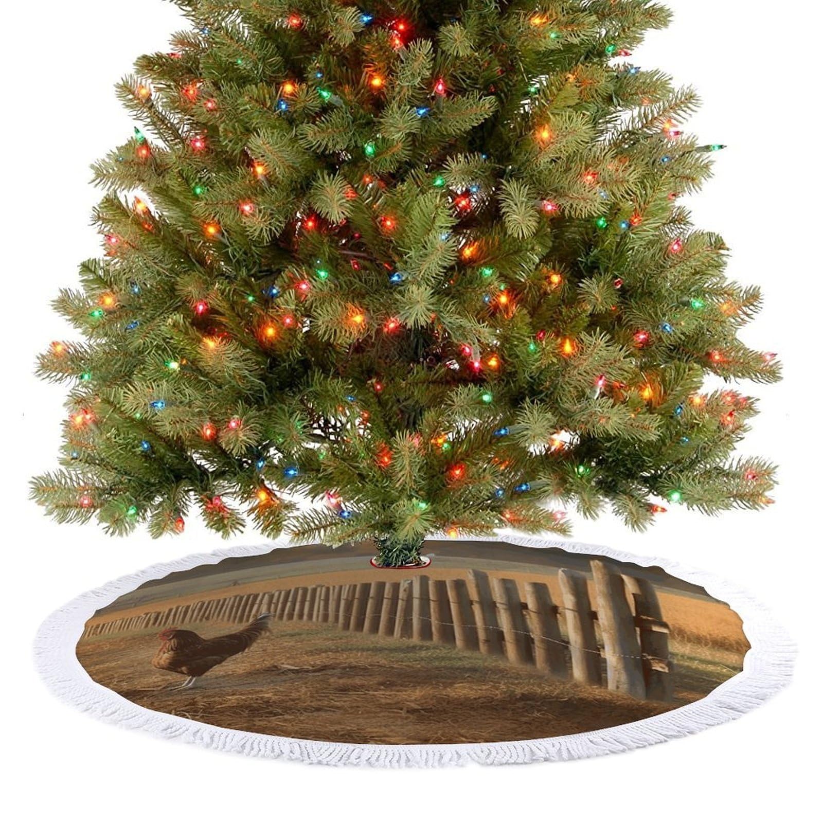 Chicken Wood Stake Farmland Christmas Tree Skirt 48"x48" Rustic Xmas Tree Mat with Tassel Ornament Christmas Trees Cover Skirt Mat for Evergreen Trees Ornament Winter Holiday Mats Decorations