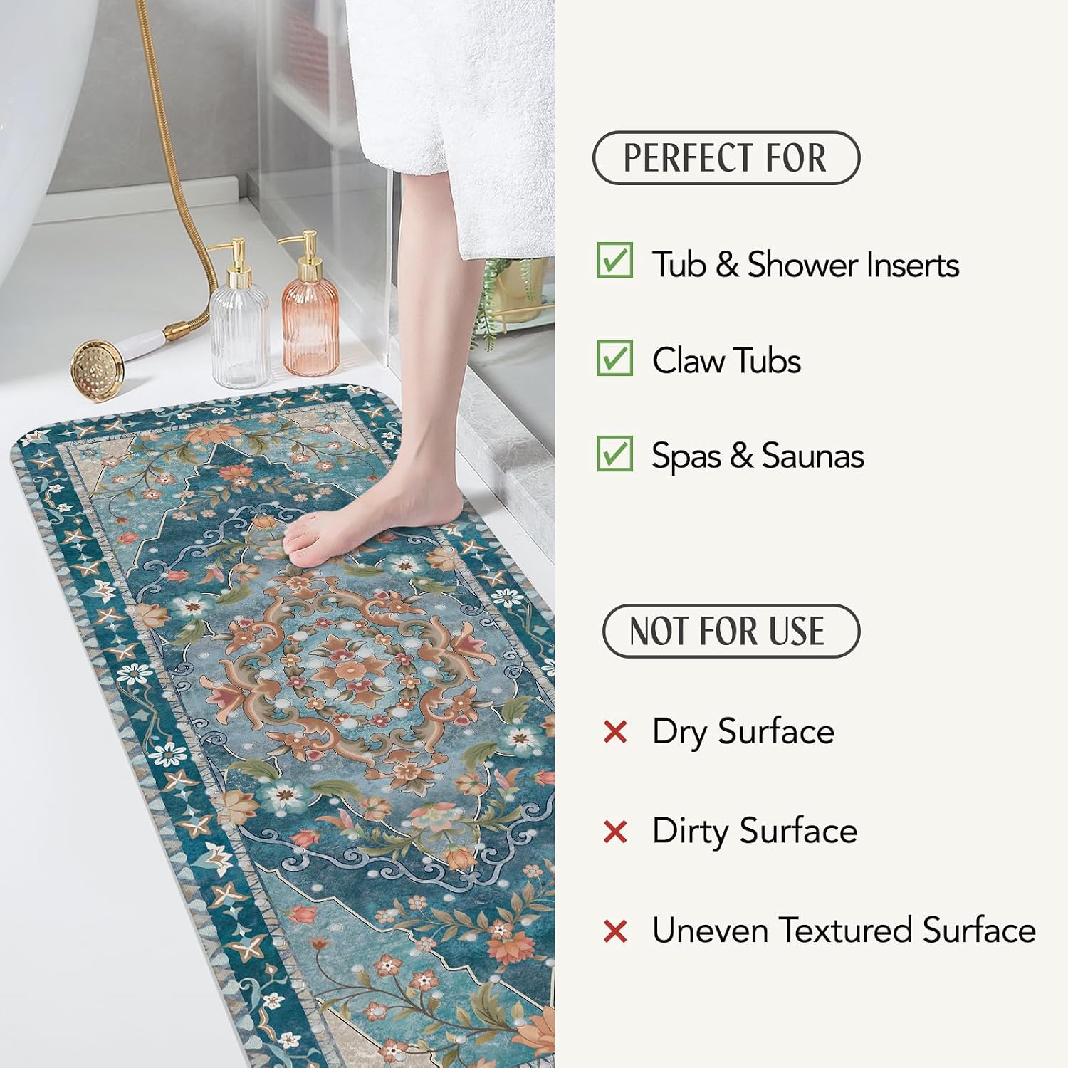 SHUCHING Blue Bath Mat for Tub Non Slip for Women-40 X 16 Inch, Vintage Non Slip Bathtub Mat for Adults & Elderly Mold Free, Long Shower Mat for Inside Shower with Suction Cup, Machine Washable