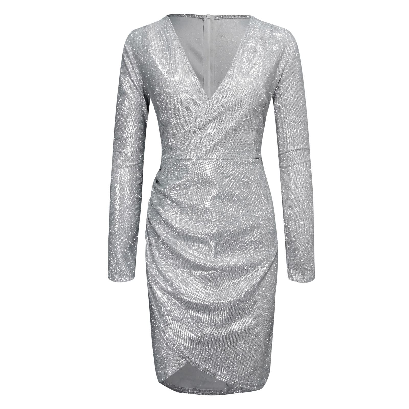 Vestito da donna affascinante paillettes scollo a V sexy maniche lunghe abito autoculante sottile abito argento metallizzato donna, argento, S
