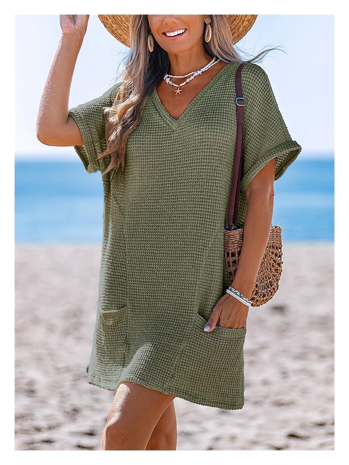 Damen Bikini Cover Up Strandkleid Waffelstrick V-Ausschnitt Kurzarm Sommerkleid Strand Urlaub Strandponcho Minikleid Mit Taschen
