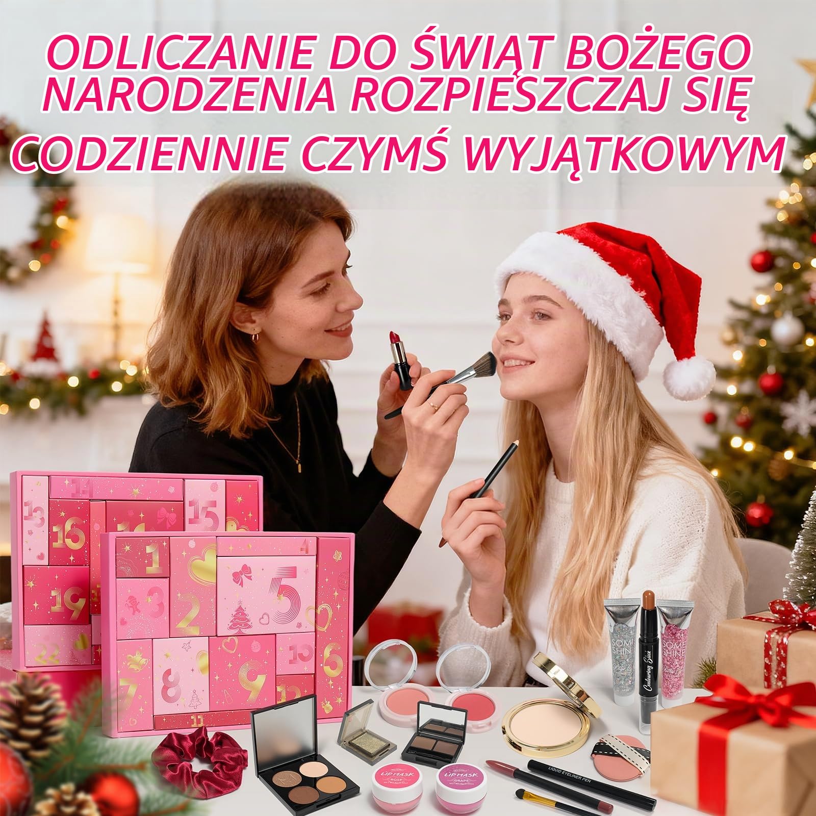 Kalendarz adwentowy z motywem piękności, zestaw upominkowy, przybory do makijażu, pudełka na prezenty, szminka, cienie do powiek, zestaw kosmetyków dla kobiet, dziewcząt, nastolatków, mamy, dziewczyny