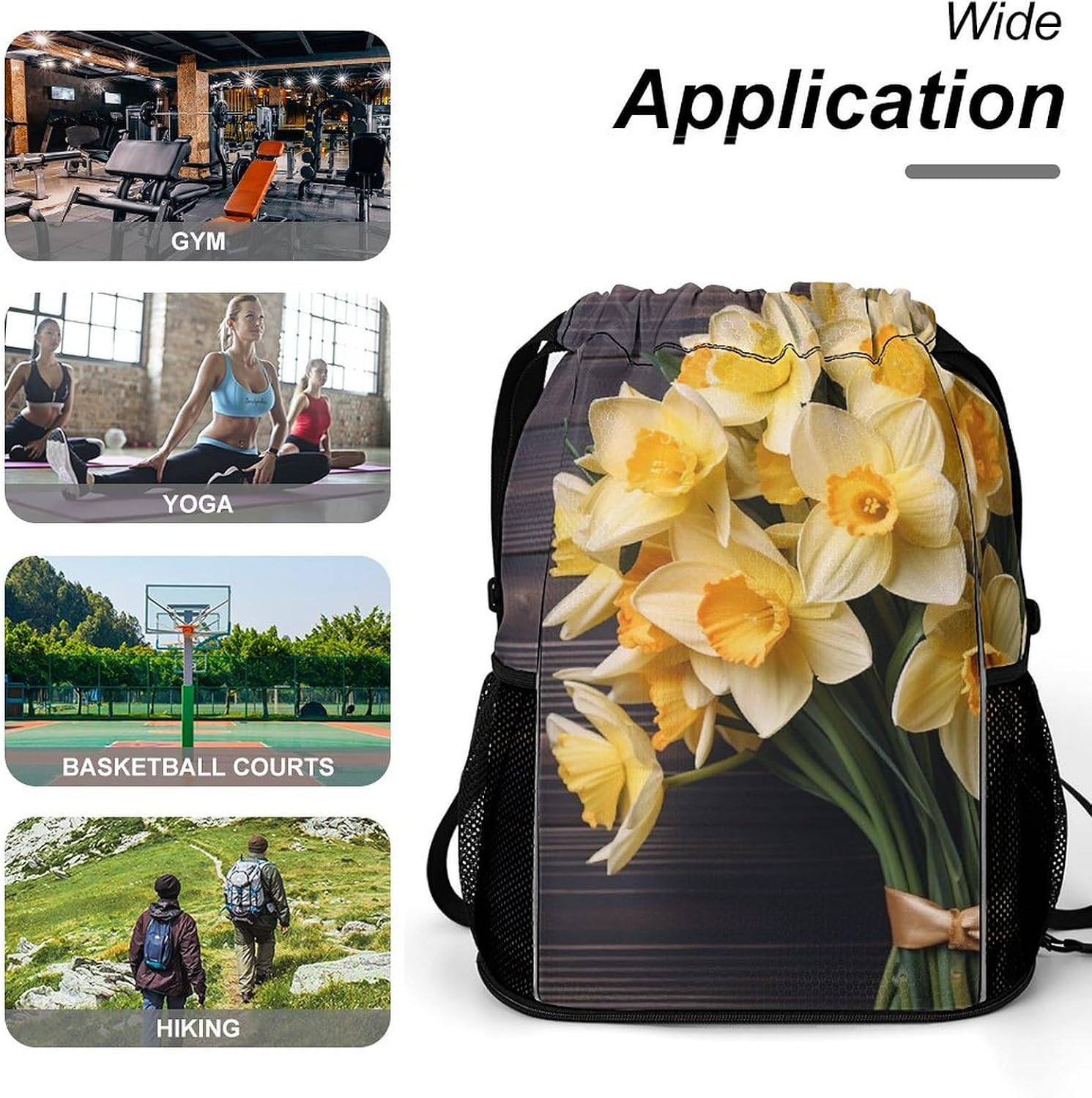 Small Gym Bag Bouquet of Daffodils Printed Drawstring Gym Bag for Men Lightweight Waterproof Drawstring Backpack for Women with Shoe Compartment for Travel Tourism Work And Fitness