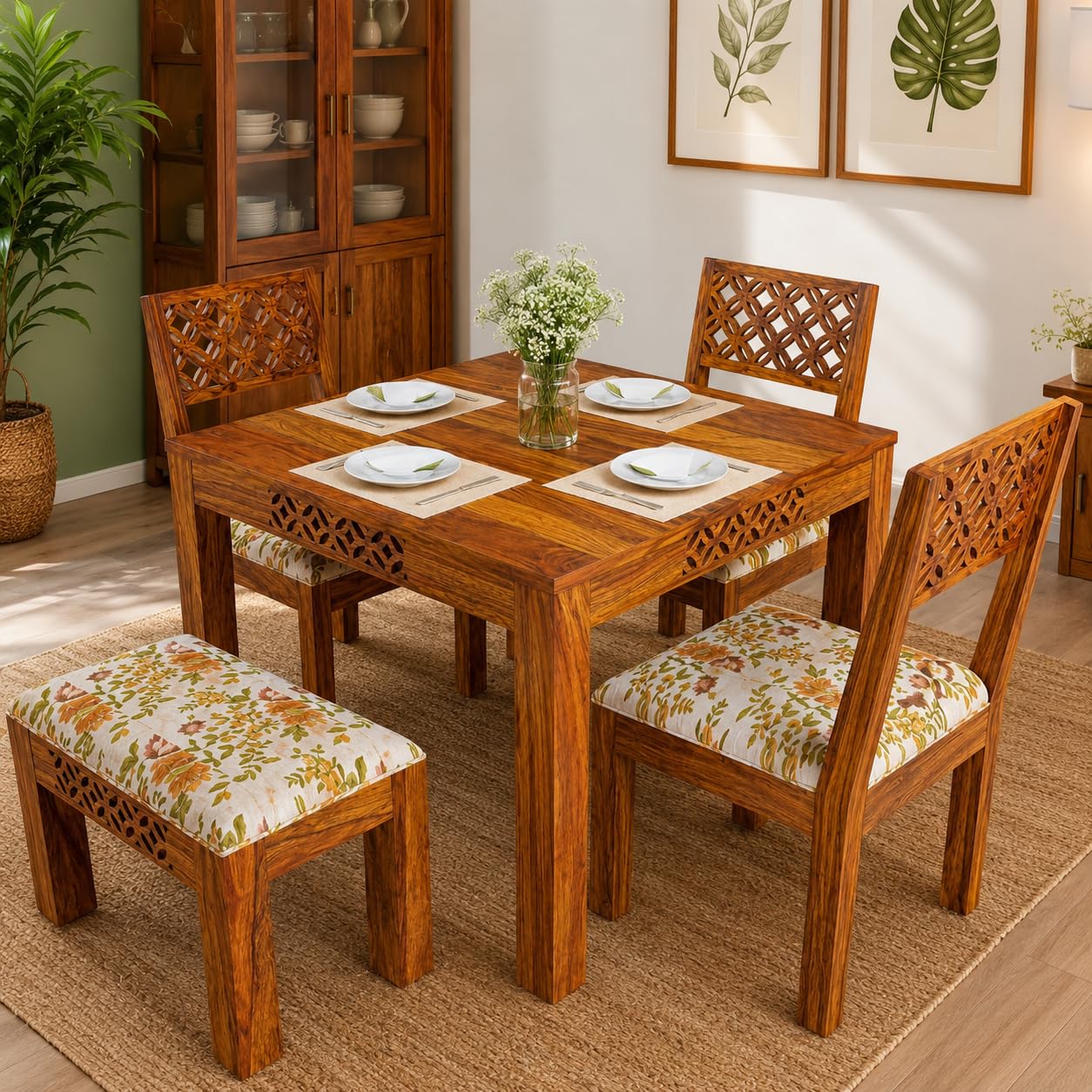 KendalWood™ Furniture | Sheesham Wood Dining Table with 3 Chairs 1 Bench | 4 Seater Dining Set | 1 Year Warranty | Wooden dining table with chair | Dining Room Furniture | Honey Finish With Cushions |
