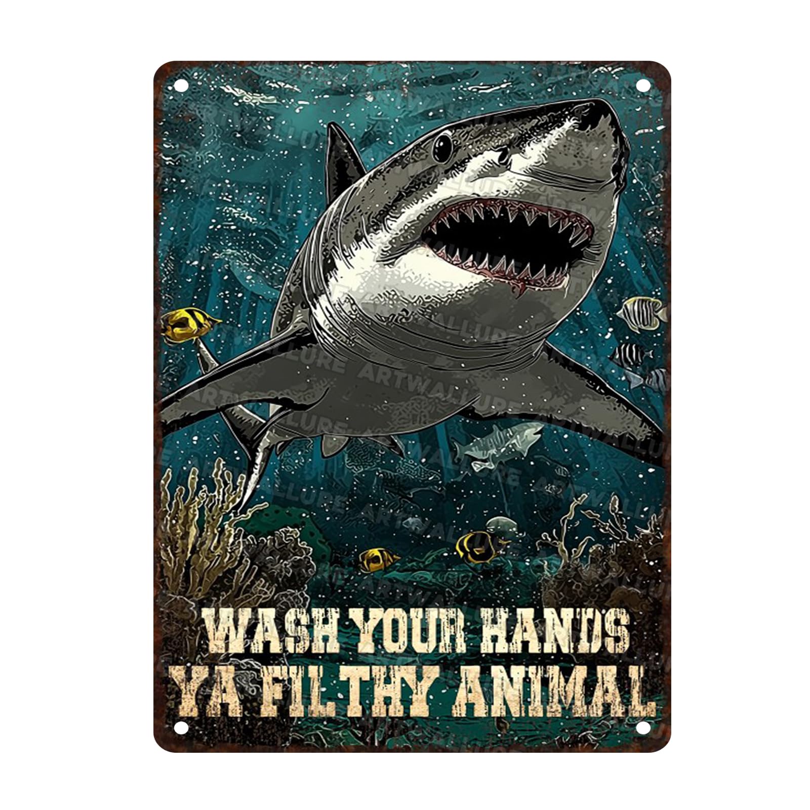 Shark Ocean Nautical Bathroom Decor Tin Sign Wash Your Hands Ya Filthy Animal Vintage Metal Wall Art Rustic Retro Plaque for Coastal Toilet Beach House Restroom Powder Room 12x16inch