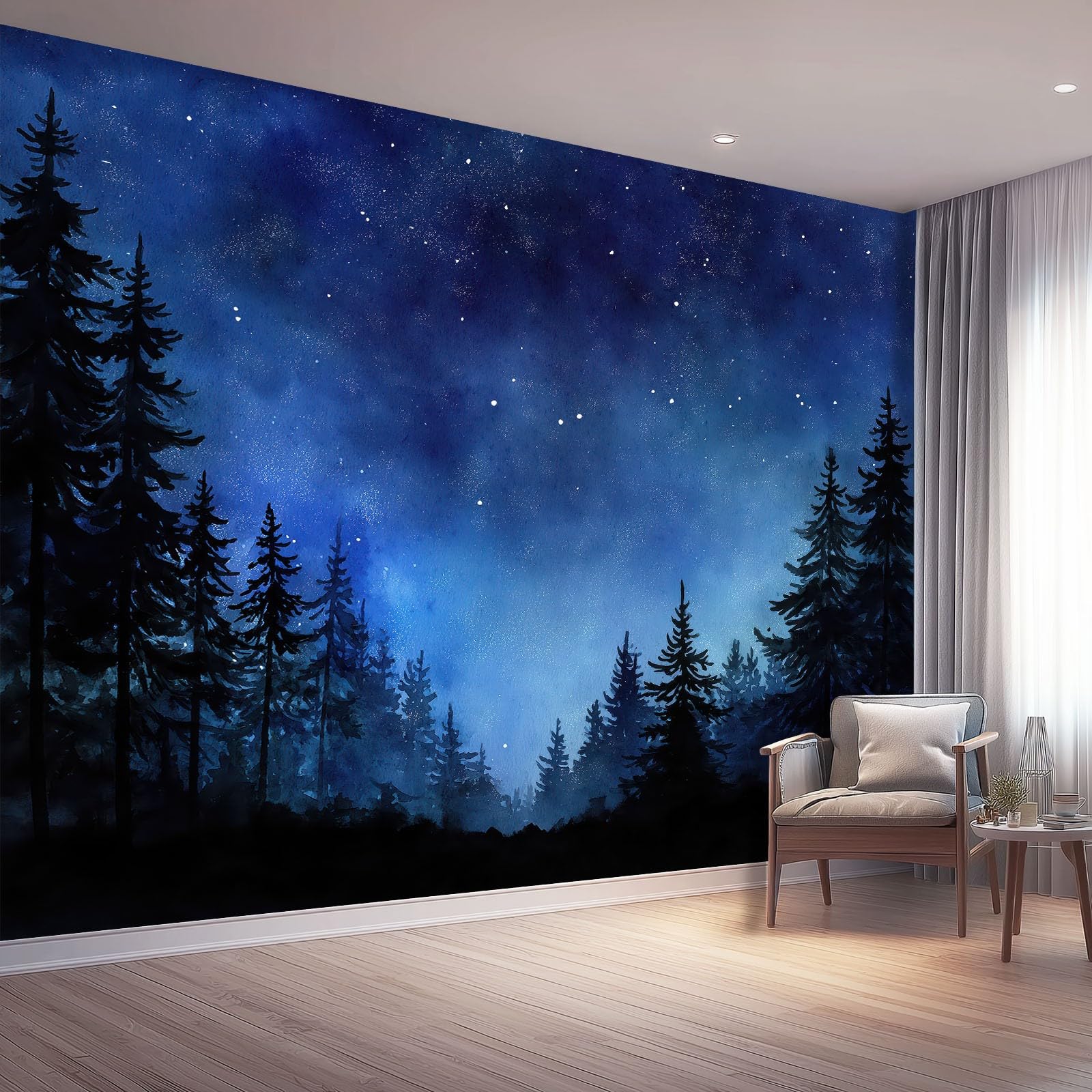 Tapeta Retro Obraz Olejny Głębokie Niebieskie Niebo 400 x 280 cm, Plakat Fototapeta Dekoracja Ścienna Salon Sypialnia Pokój Dziecięcy Czarne Drzewa