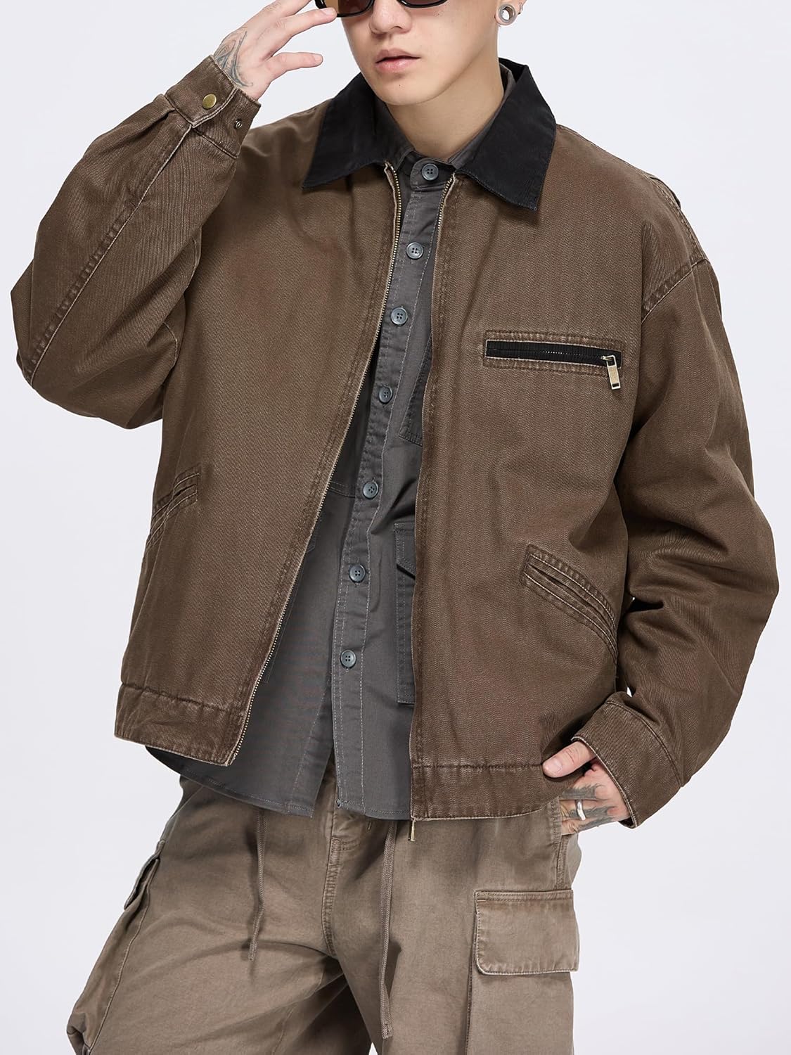 Men's Casual Canvas Cotton Military Lapel Jacket Vintage Washed Motorcycle Jackets