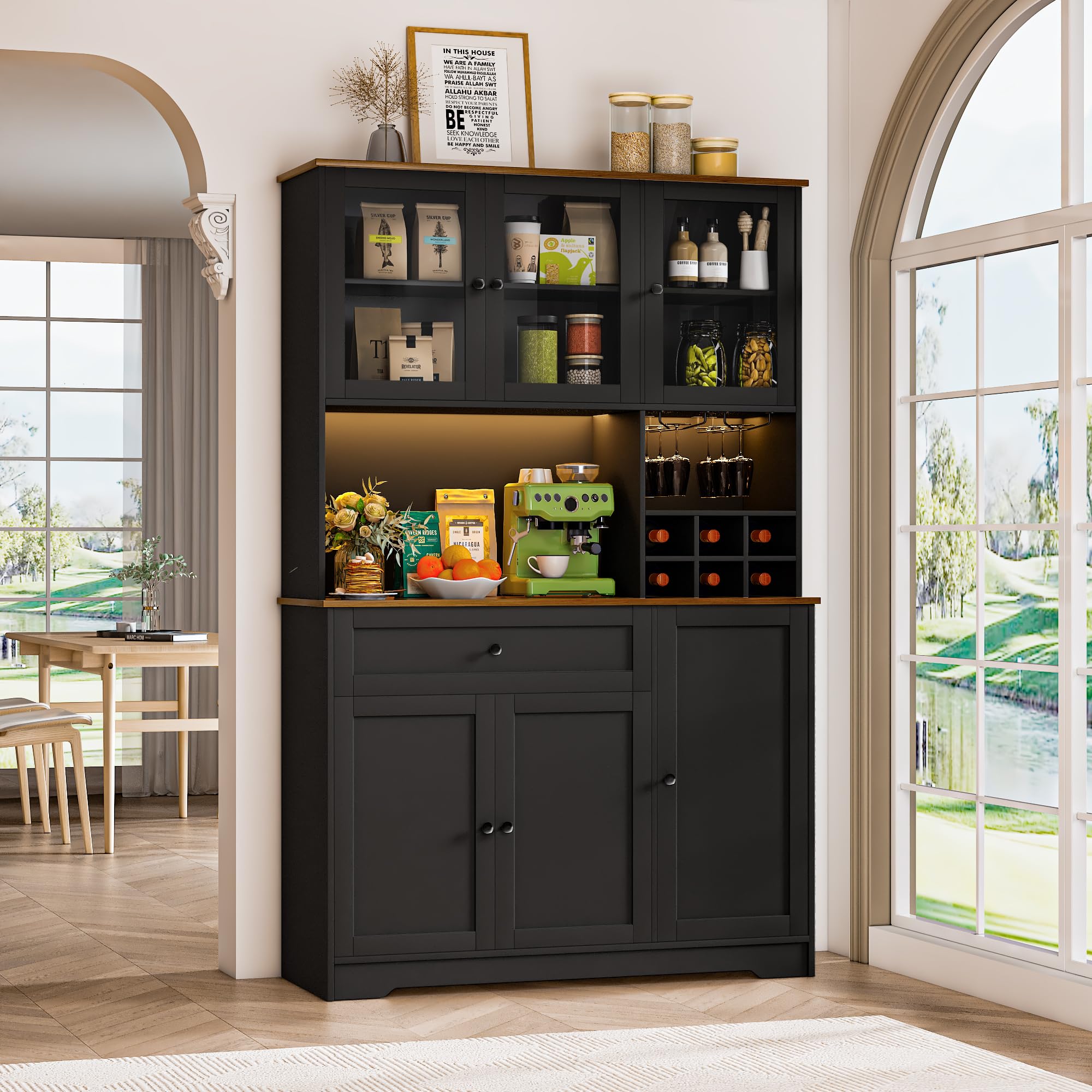 Küchenschrank Buffetschrank, Küchenschränke mit 6-Fach Weinregal, Sideboard mit LED-Licht, Steckdose, Verstellbare Böden, Anti-Kipp, Küchenbuffet für Küche, Esszimmer, Wohnzimmer (Schwarz)