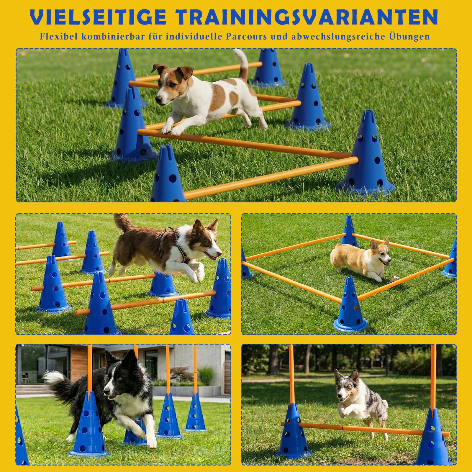 Cavaletti Stangen Hund Agility Set Hunde Klein Groß 30 cm Hoch, Sports Steckhürdenset mit 8 Kegel 16 Stangen, für Pylonen Hundetraining & Fussball Trainingszubehör