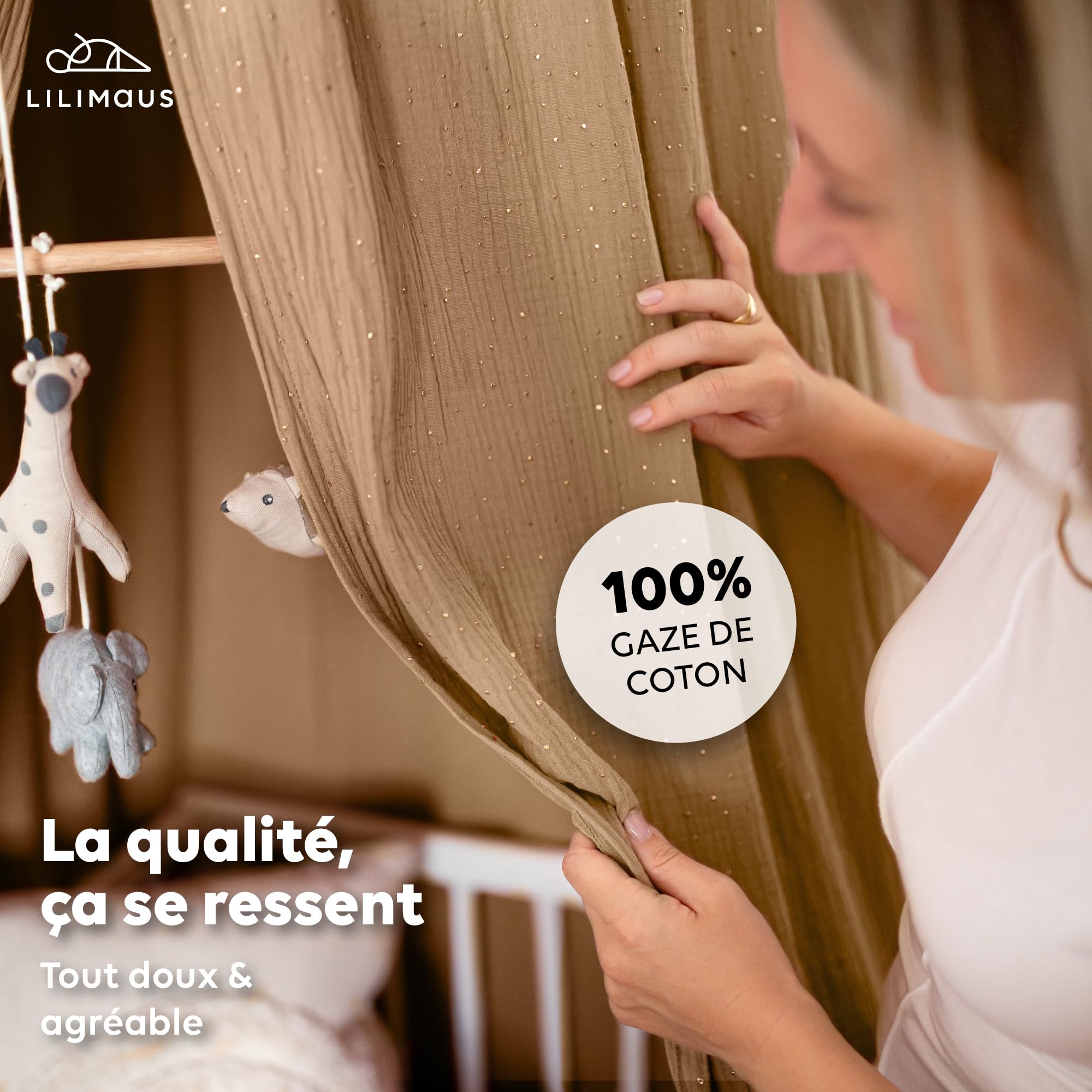 lilimaus Ciel de Lit Bébé Baldaquin Mousseline [Détails Dorés]