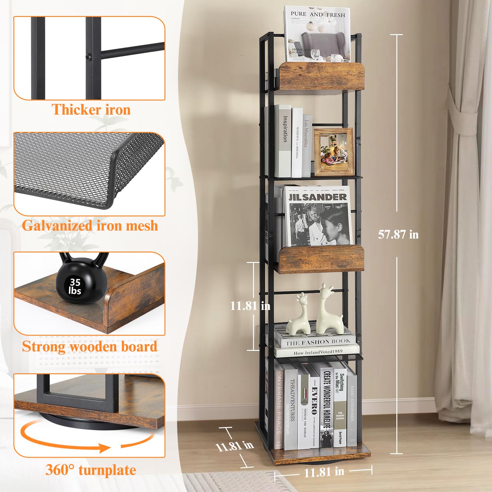 Snapklik.com : Bookshelves 5-Tier, Rotating Bookshelf Tower For Corner ...