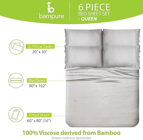 Vista 127 de BAMPURE - Juego de sábanas de 100 % viscosa de bambú, refrescantes, suaves, bolsillo profundo de hasta 16 pulgadas, 1 sábana encimera, 1 sábana Gris