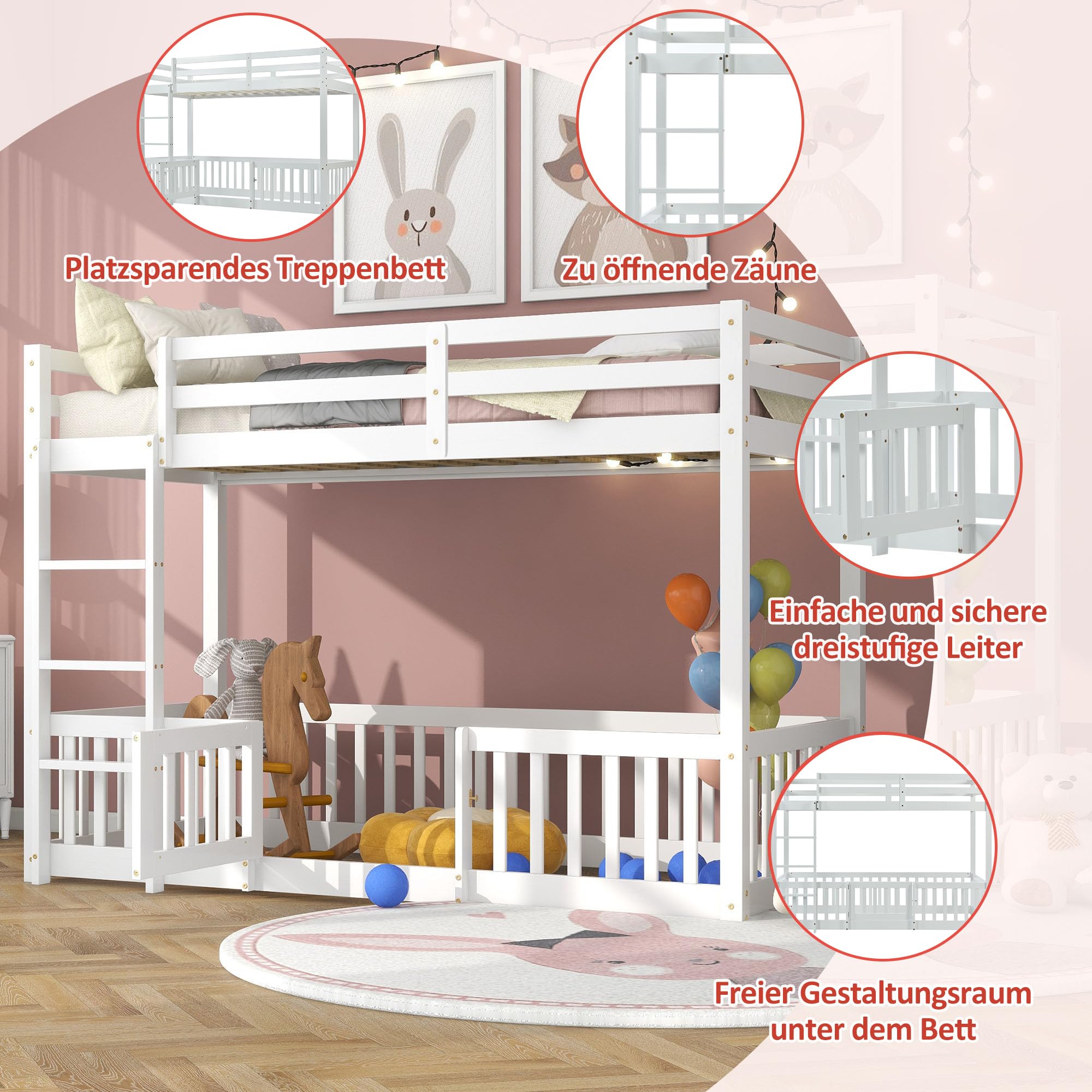 Etagenbett Kinderbett 90 x 200 mit Zäune und Türchen, Hochbett für 2 Kinder, Massivholz Bodenbett Stockbett Funktionsbett Jugendbett mit Leiter, Doppelbett mit Rausfallschutz und Lattenrost, Weiß