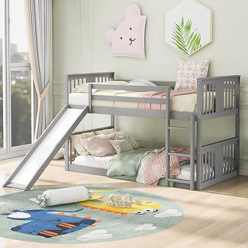 HYC Litera de suelo con tobogán litera individual sobre individual para niños pequeños marco de cama baja de madera con escalera para niños niñas y