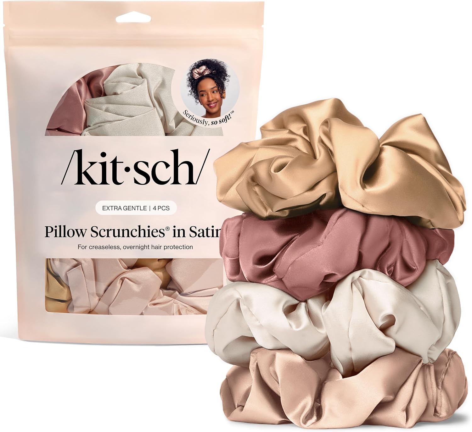 Kitsch Satynowe gumki do włosów dla kobiet - opaski do włosów bez uszkodzeń, bez zagnieceń akcesoria do włosów, idealne na dzień i noc, róż, 4 szt