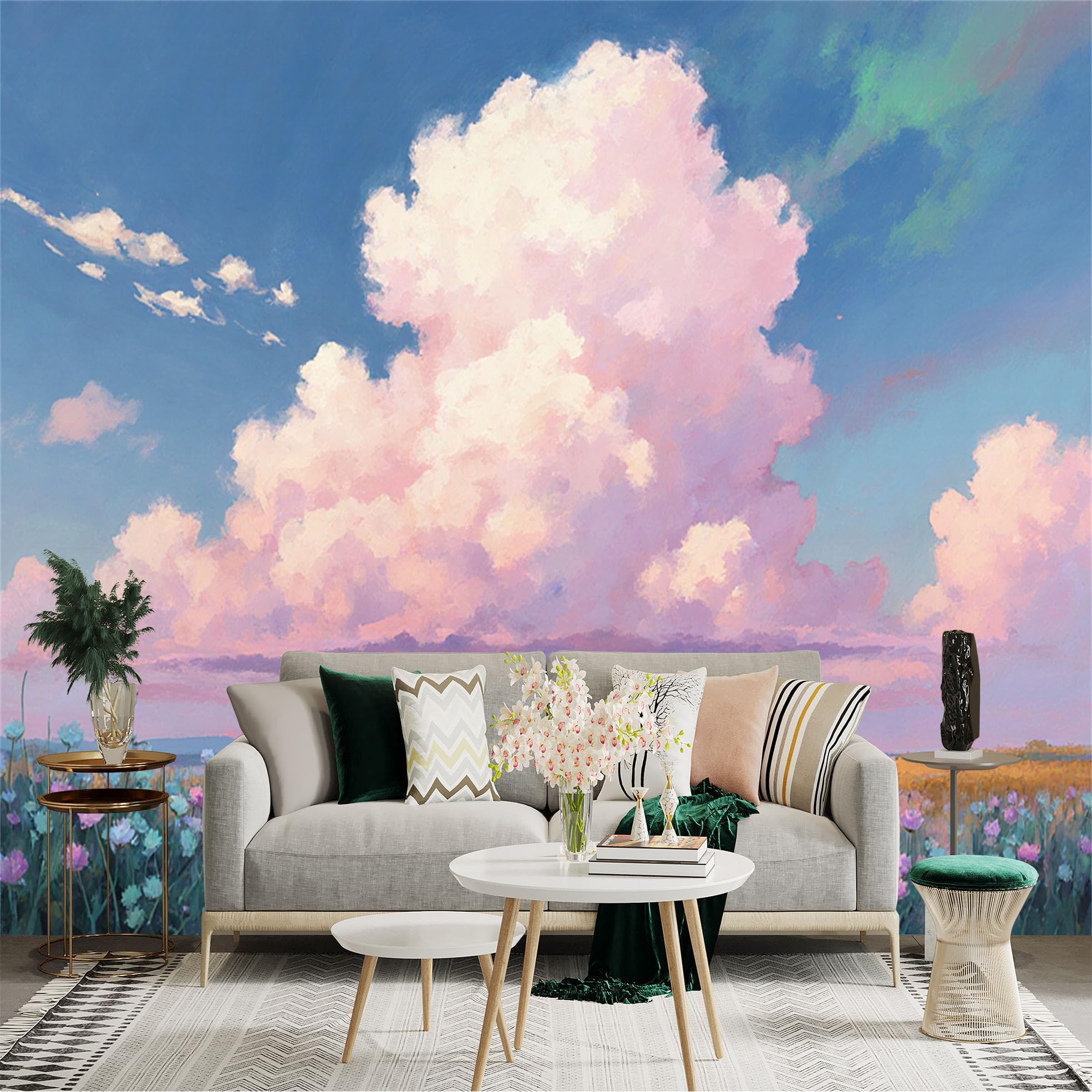 Custom Size Wall Sticker Mural， Dreamy Pastel Sky， Fluffy Pink Clouds， Vast Summer Field， Wildflower Meadow， for wall Decoration， peelandstick wall Decals.