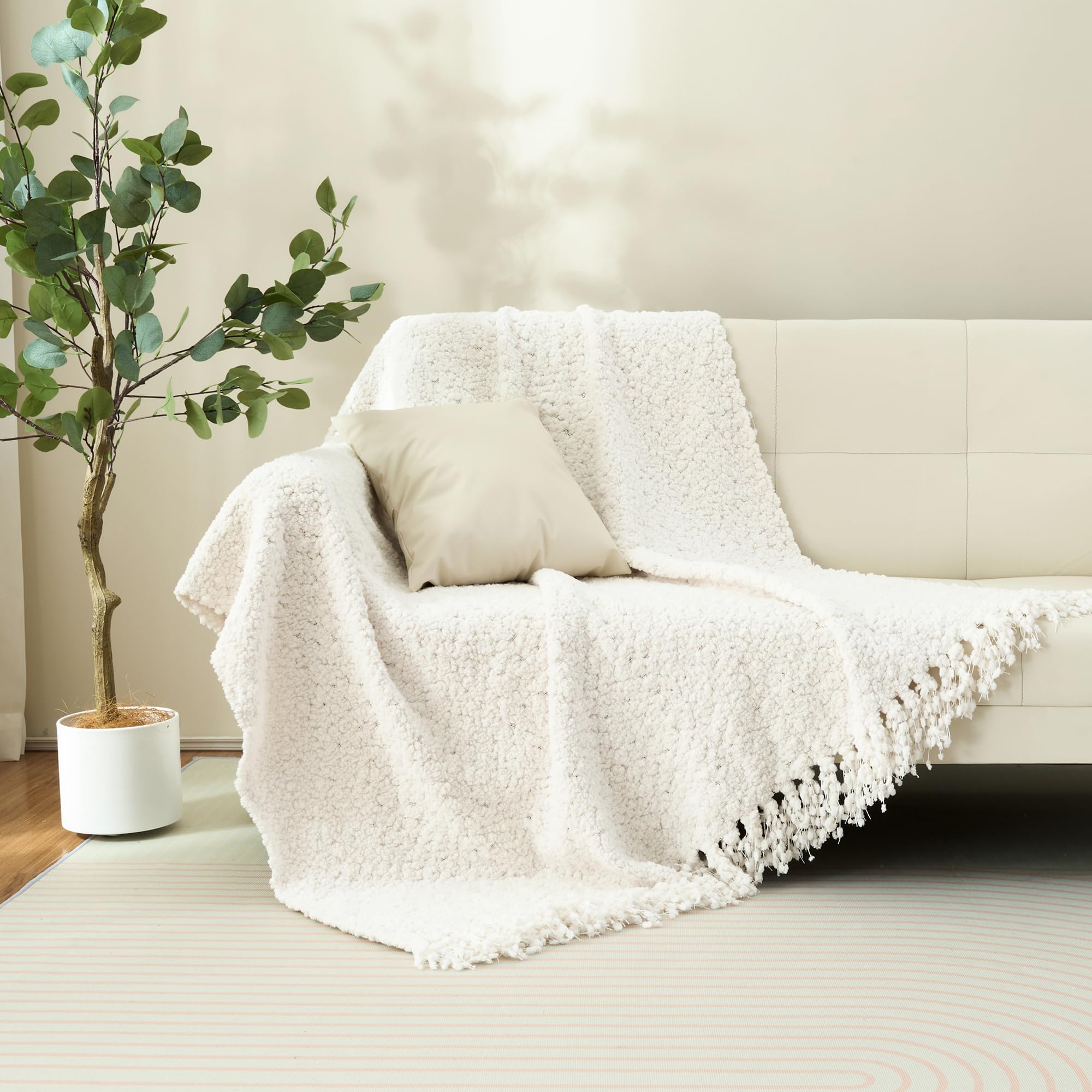 Überwurfdecke für Couch, luxuriös, gestrickte Überwurf, 152,4 x 203,2 cm, strukturierte Strickdecke mit handgefertigten Fransenquasten für Bett, Sofa, dekorativ, klobig, weich, Bauernhaus,