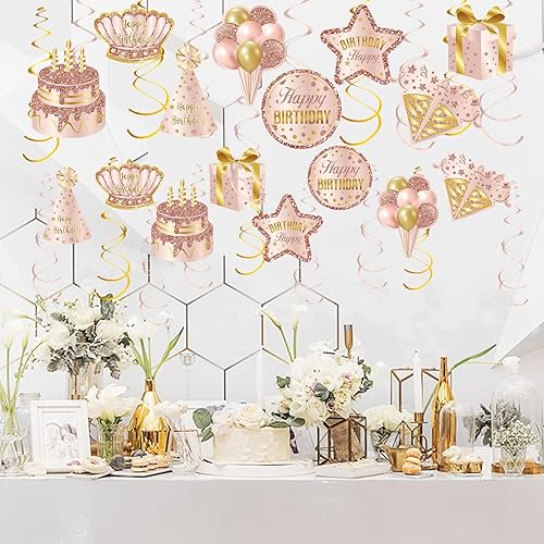 Miniatura 4 de Decoración de remolinos colgantes de cumpleaños de oro rosa rosa para mujeres y niñas, 30 piezas de remolinos de feliz cumpleaños, 10, 16, 21, 30,