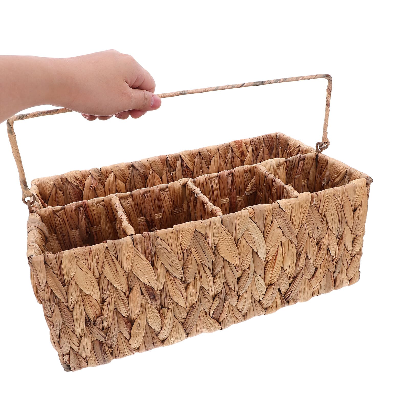 Cesto Portaposate Intrecciato in Rattan con Scomparti Organizzatore da Tavola Rustico e Portatile per Posate e Utensili Contenitore in Paglia per Picnic e Cena