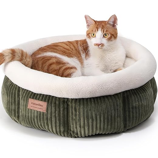 FUKUMARU Cat Bed, Corduroy Round Cat Beds for Indoor Cats, Washable Fluffy Pet Bed for Cats and Puppy, Soft Cute Small Dog Beds, Green