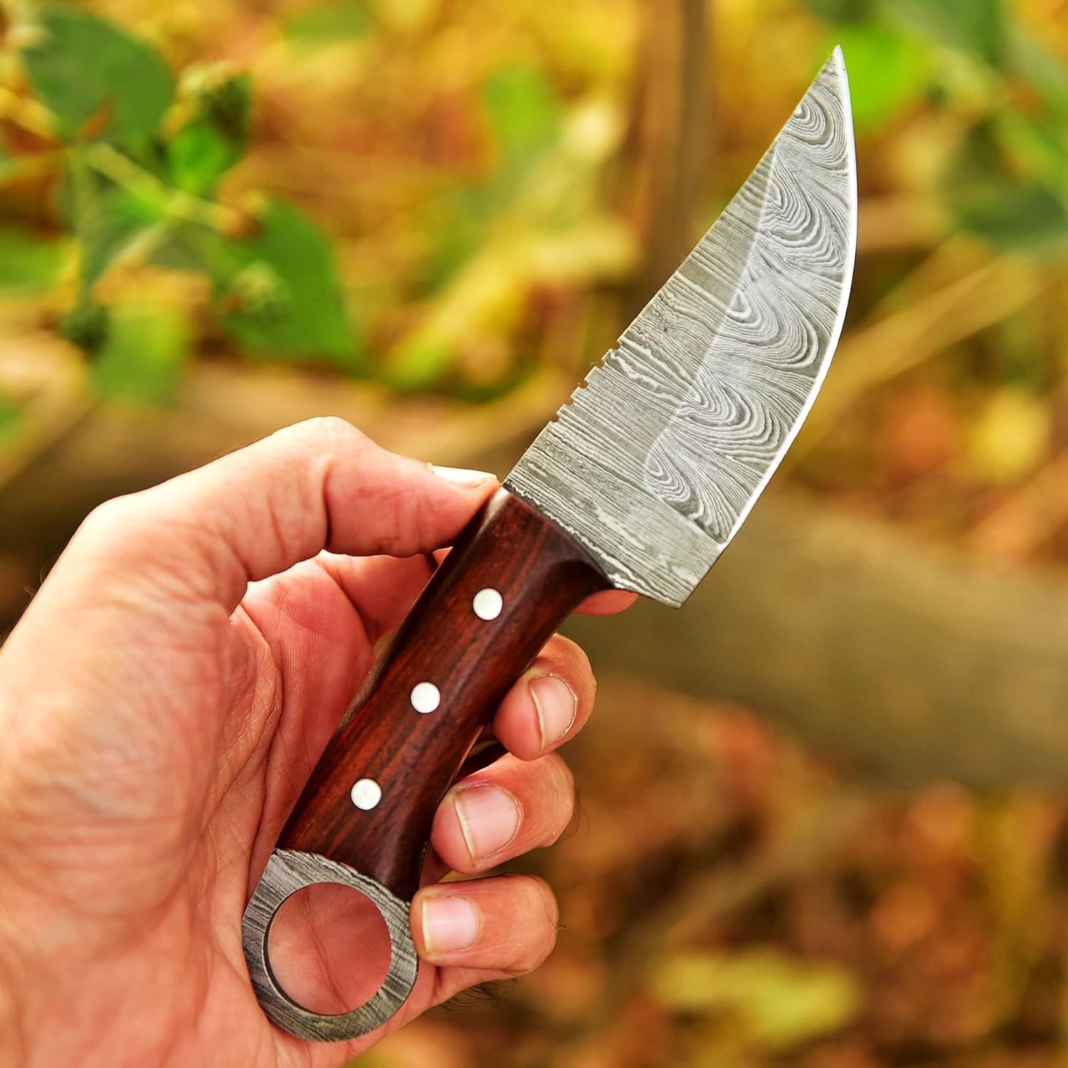 Damascus Steel Blade Skinning Hunting Knife With Leather Sheath Belt Loop - Fixed Blade Damascus Knives for Men - Best Deer Hunting Skinner Knife (Skinner Small Brown)