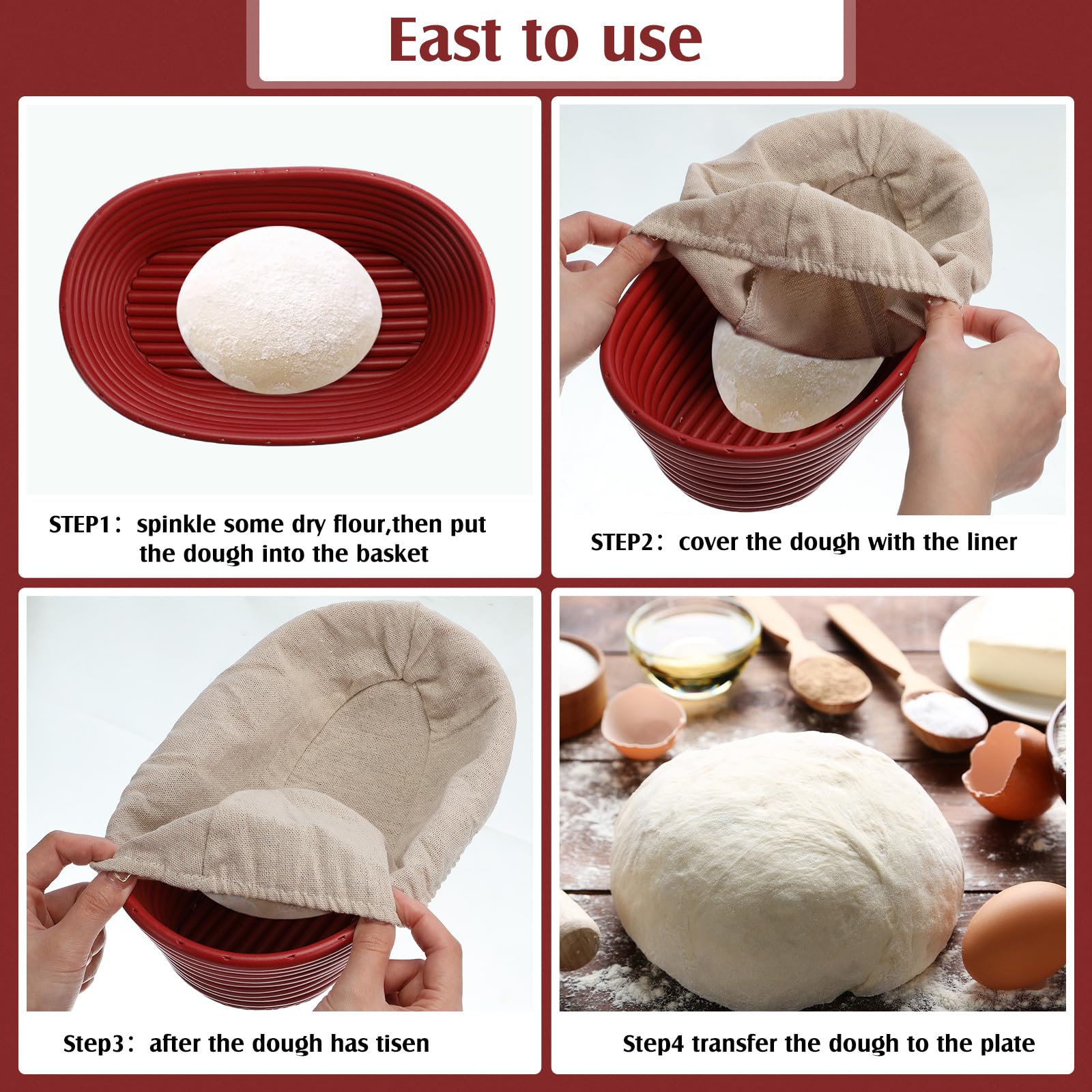 Hushee Set di 3 cestini ovali per lievitazione con raschietto, fodera in cotone, kit per la preparazione del pane, ciotola rossa per lievitazione del pane, strumenti per la preparazione del pane