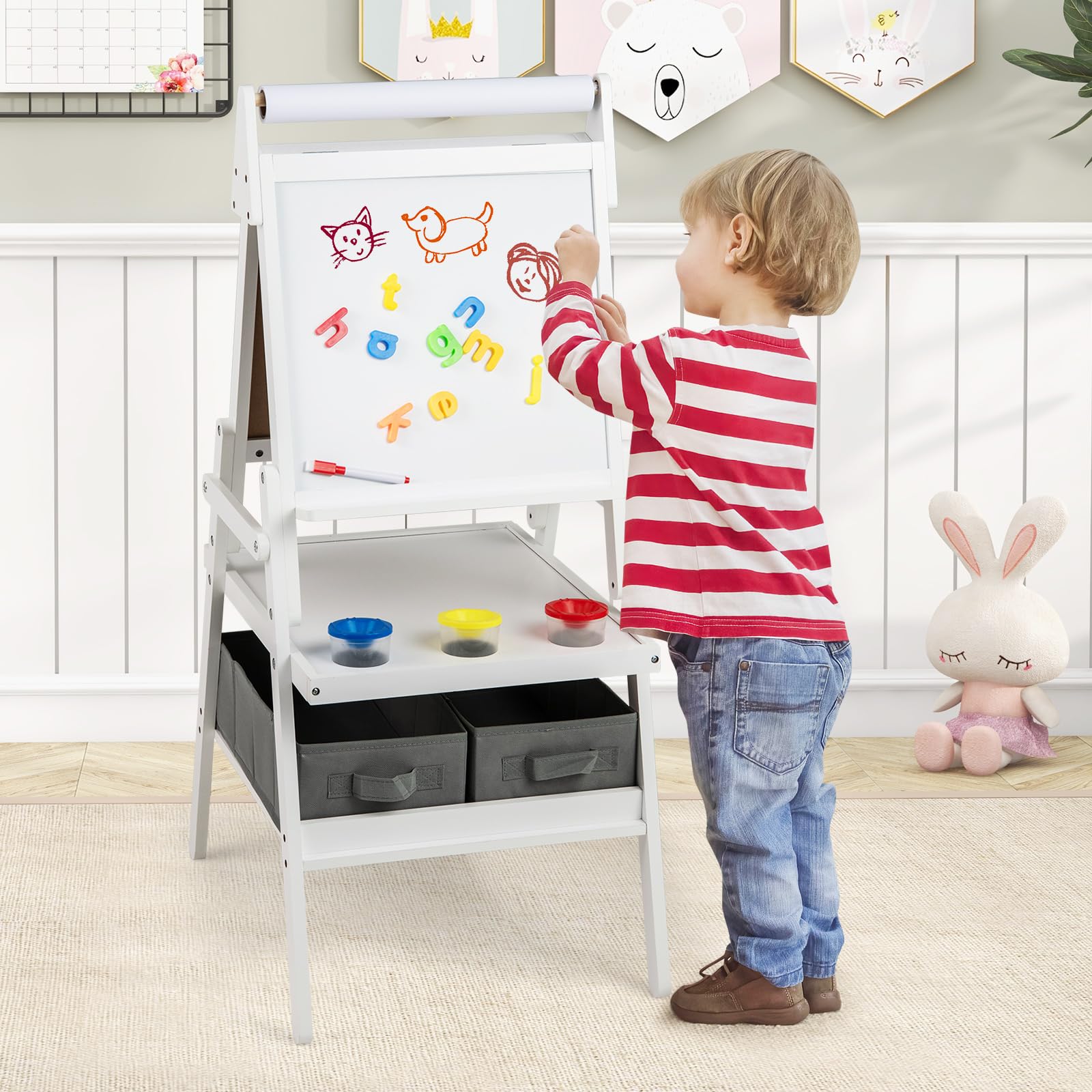 COSTWAY 3-in-1 Tafel Kinder, doppelseitige Kindertafel mit Papierrolle & magnetischer Kreidetafel & Whiteboard, inkl. 3 Farbbechern & 2 Boxen, Staffelei für Kinder ab 3 Jahren (Weiß)