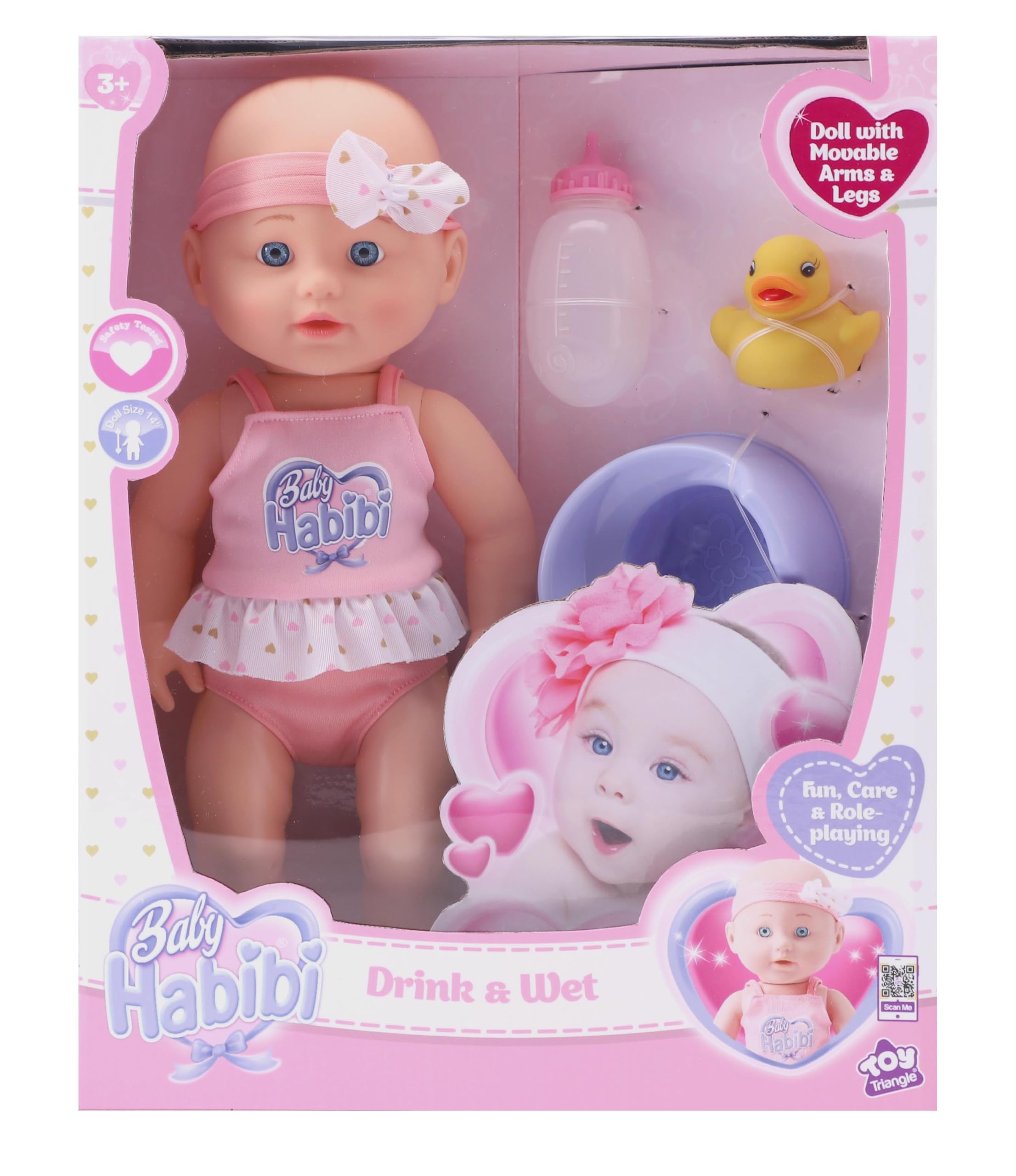 Baby Habibi Realistic Doll Drink & Wet 14inch, Realistic Features with Feeding Bottle & Potty, Soft Body, Removable Trendy Outfit for Nurturing Role Play, Ideal for Ages 3+