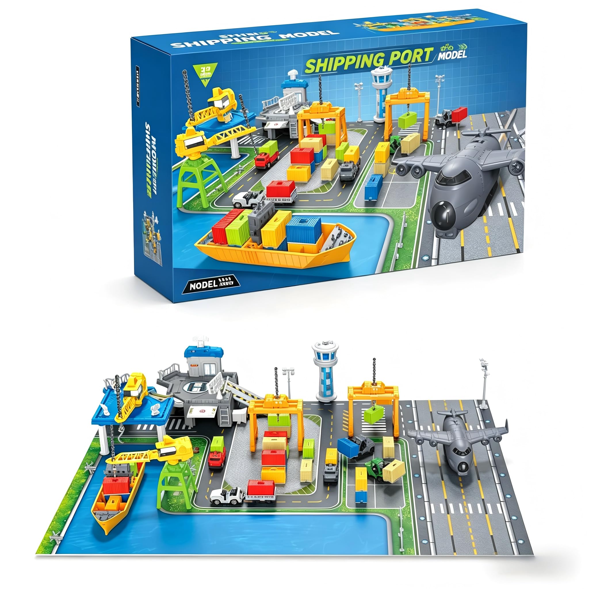 Shipping Port Model Toy Set with Transport Aircraft,Truck,Cargo Ship,Parking Lot Toy Set with Traffic Sign, Road Accessory Port-themed Play Mat for 3+