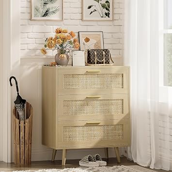 Trironsun 3 Drawer Rattan Dresser for Bedroom Boho Beside Table Chest of Drawers with Metal Handles Spacious Clothes Storage Cabinet End Table for Living Room or Hallway
