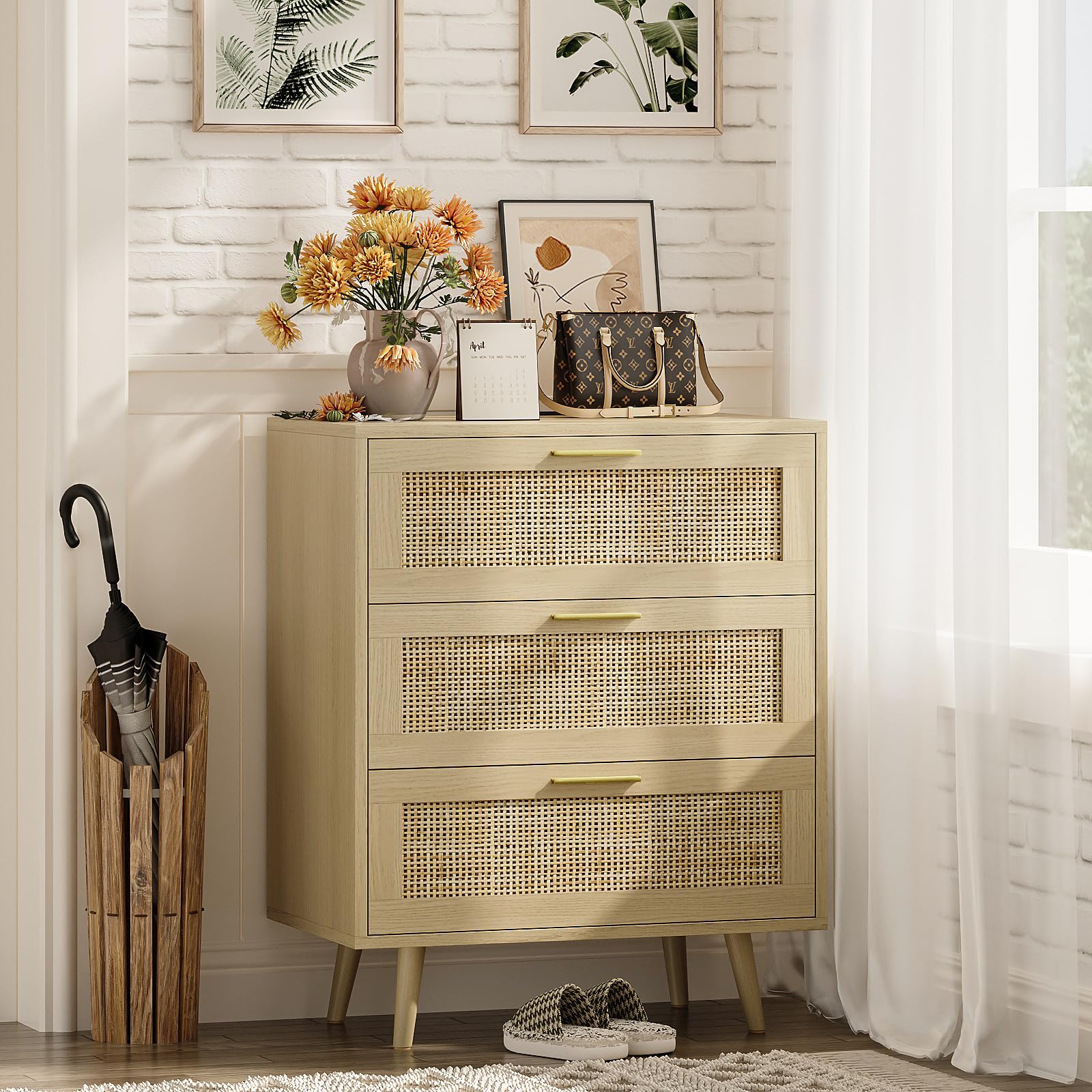 Trironsun 3 Drawer Rattan Dresser for Bedroom Boho Beside Table Chest of Drawers with Metal Handles Spacious Clothes Storage Cabinet End Table for Living Room or Hallway