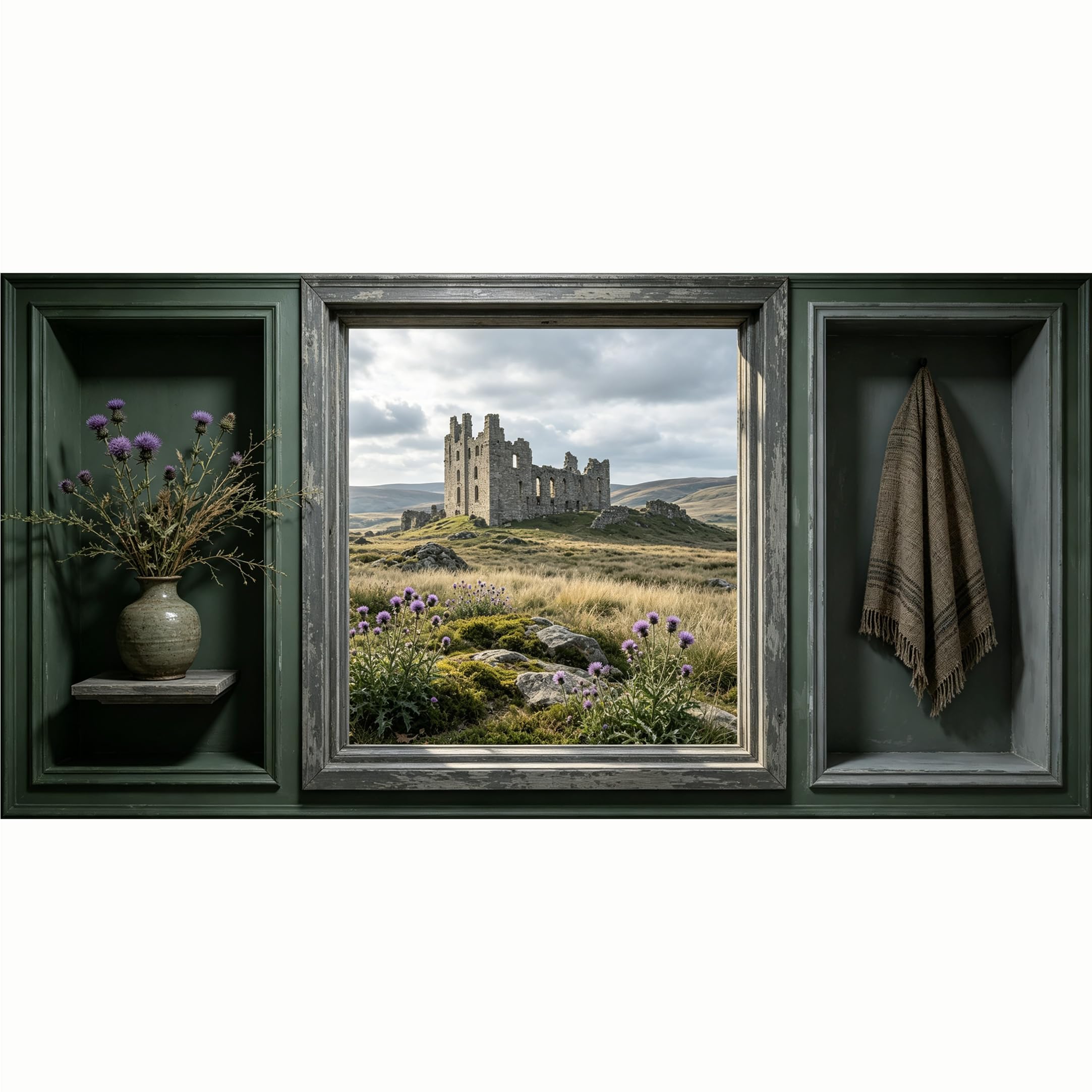 QZLITHOTIC 50x100cm 3D Framed Wall Art， Scottish Highland Castle Ruin Landscape， Self‑Adhesive Mural， Water‑Activated Peel & Stick Fabric Decor Wall Decal for Bedroom Living Room