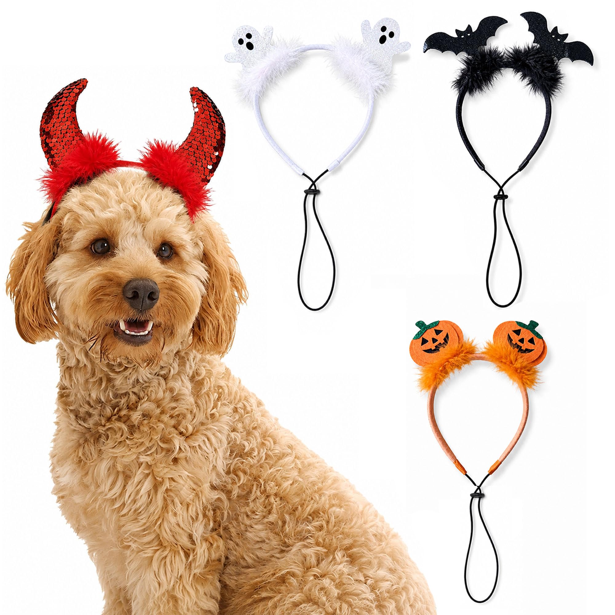 4 Pack Dog Halloween Headband - Small to Large Breeds (Not for Toy breeds) Devil Horns Pumpkin Ghost Bat Puppy Pet Costume Accessory