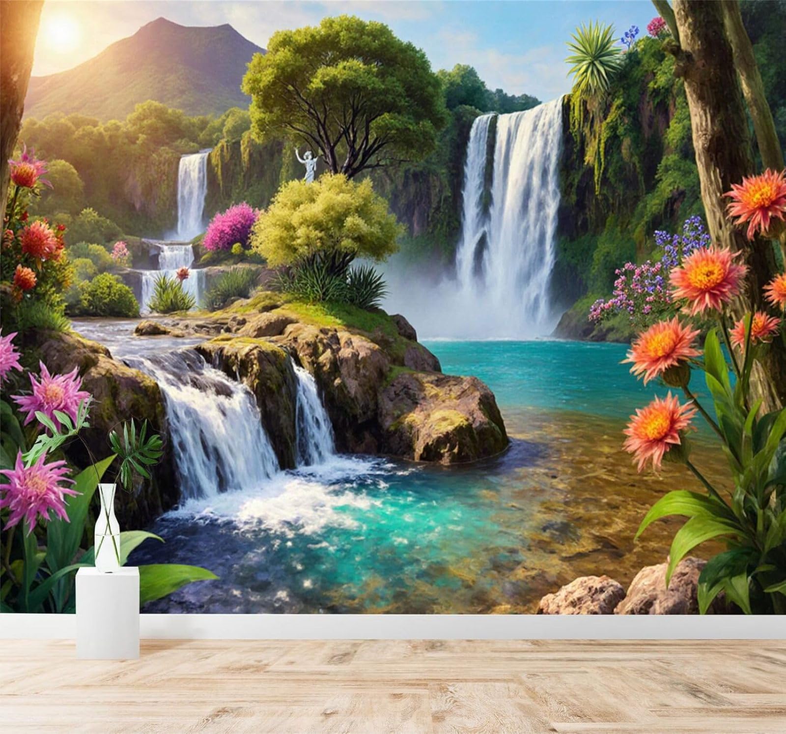XLMING Tropical Waterfalls Flowers Trees Mountain Scenery 3D Wallpaper Silky Texture Home Study Office Grey Dining Room Sofa Bedroom Living Room TV Backdrop-250cm×170cm