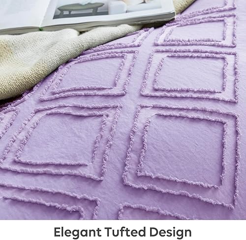 Miniatura 4 de JELLYMONI Juego de funda de edredón morado claro, tamaño King, 3 piezas, microfibra, estilo capitoné, texturado, bohemio, patrón geométrico de