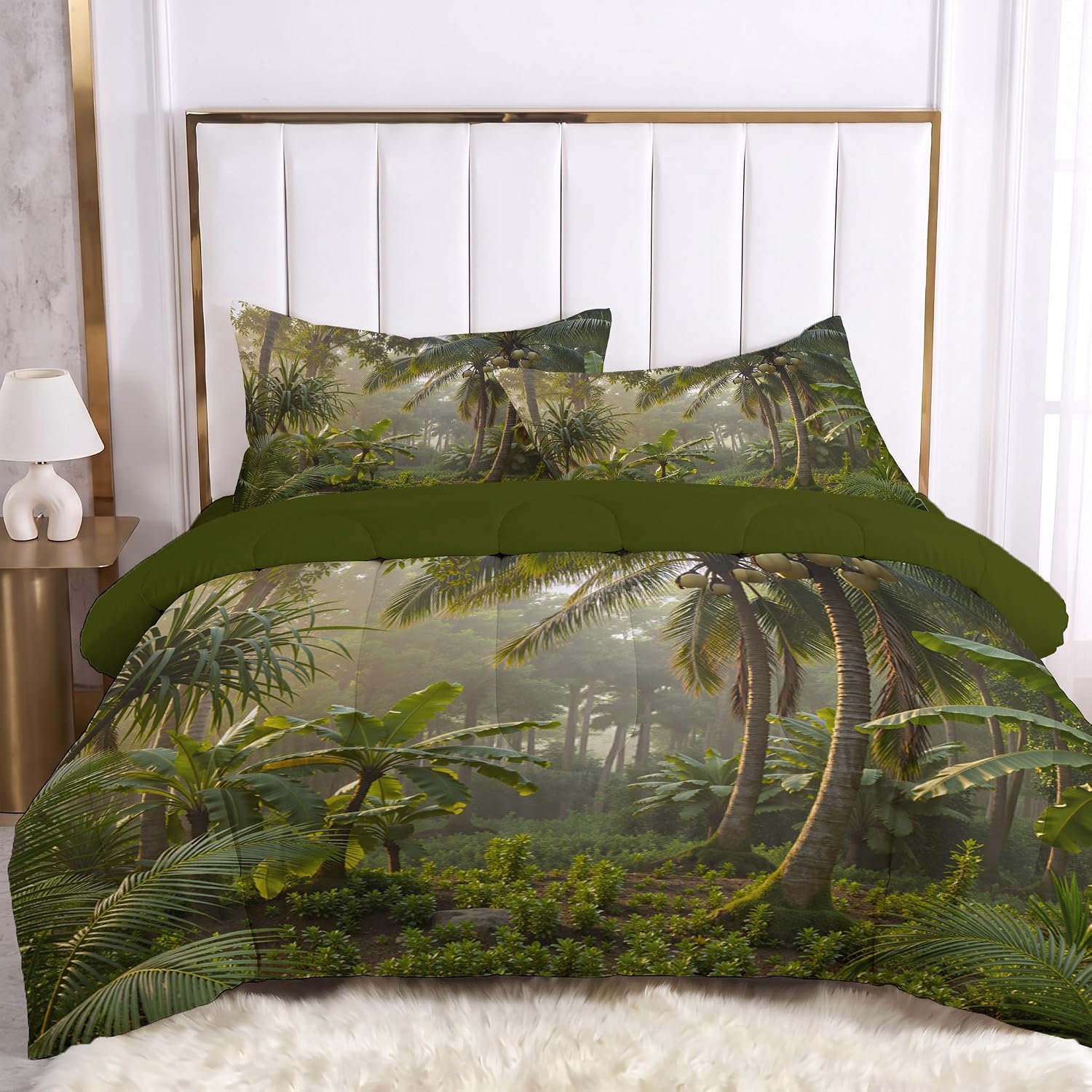 Tropical Jungle Comforter Set King Size, Dense Palm Trees Bedding Set for Girls Boys, Yellow-Green Quilt Bed 104"X90" Bedding Comforter Sets with 2 Pillowcase Room Decor
