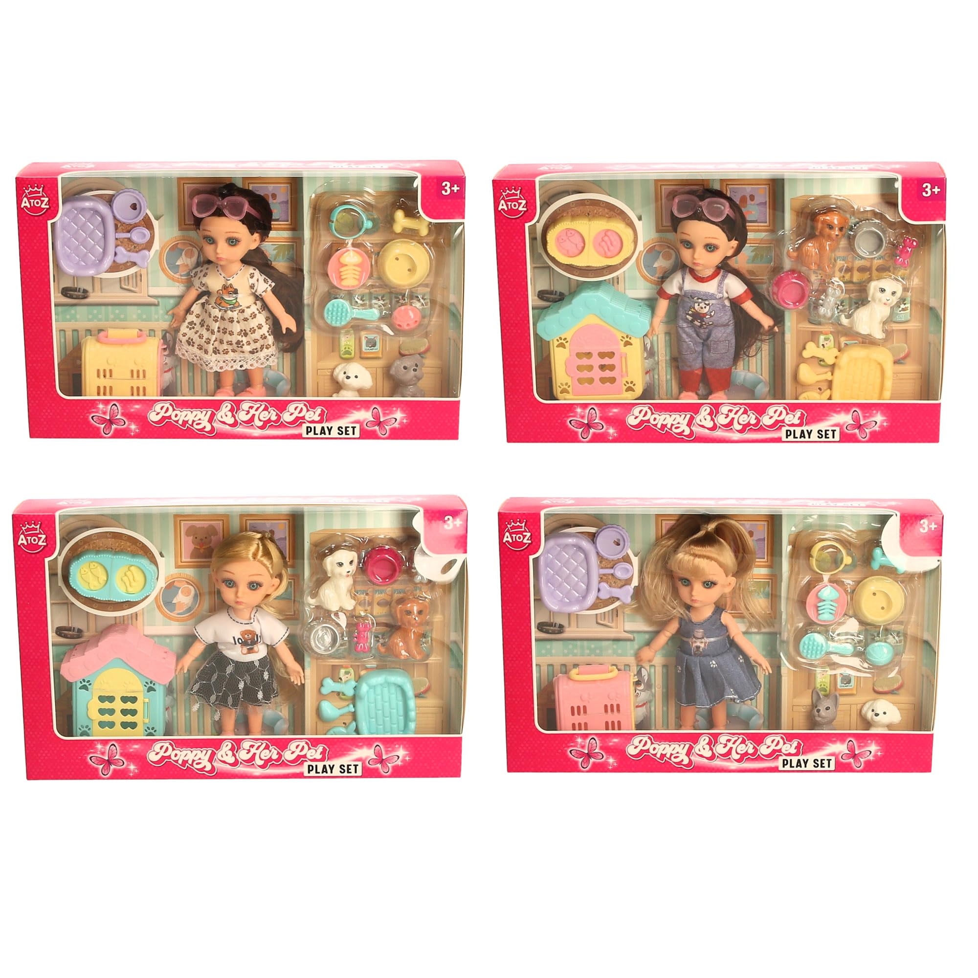 AtoZ Poppy & Her Pet Play Set, Doll with Pet Accessories, Dog House and Food Bowls, Ages 3+