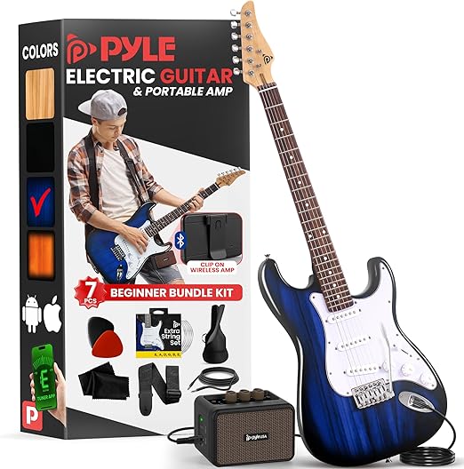 Pyle Electric Guitar Complete Starter kit with Bluetooth Amp, 1/4” Cable, Gig Bag, Strap, Picks, Cloth, ST-Style Pickups 6 String Set, for Kids and Adults, Right, Blue Burst, 39" (PEGKT400BL)