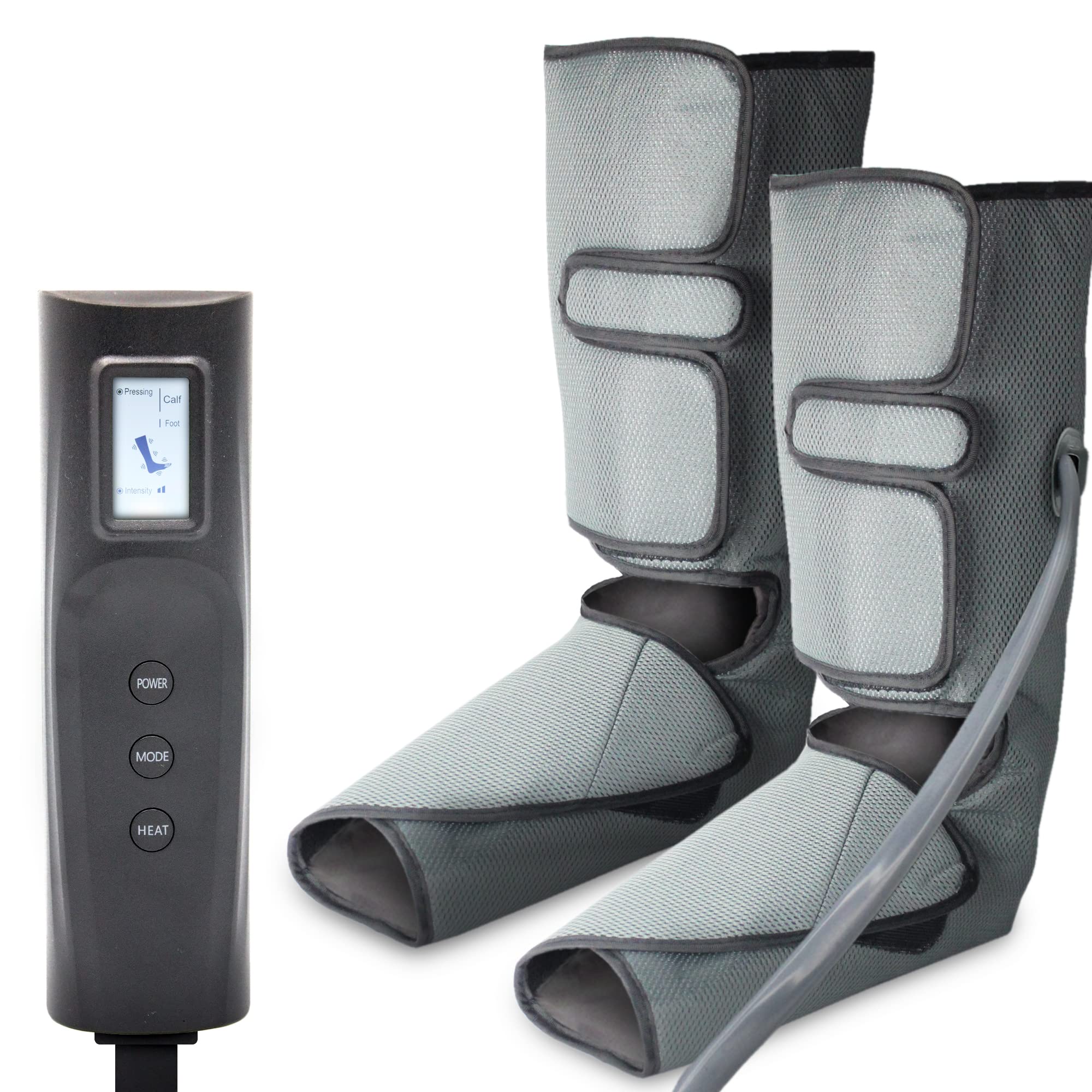 FISHTEC - Massaggiatore per piedi e polpette – Tecnica di pressoterapia, Funzione Calore, Telecomando, Semplice da usare, 3 Modalità di massaggio e 3 Livelli di Intensità – Grigio