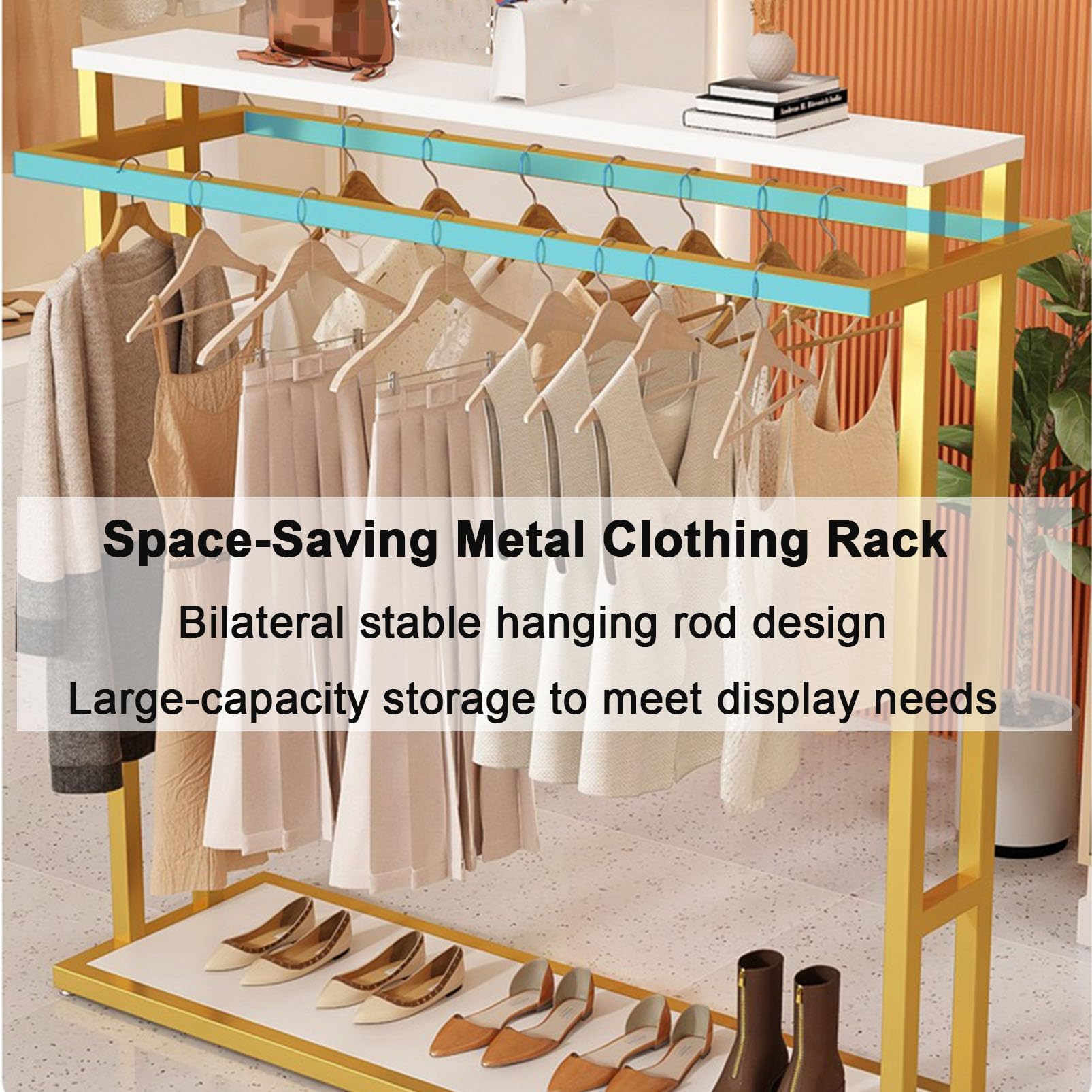 Scaffale multiuso in metallo resistente da pavimento, con doppi ripiani, ideale per boutique al dettaglio, guardaroba e lavanderia