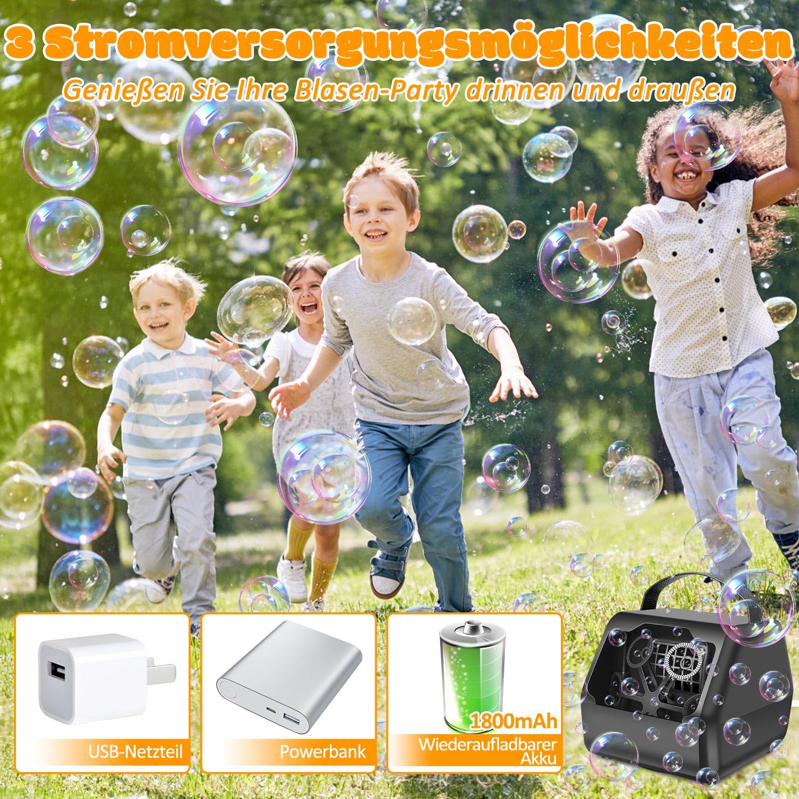 Yabtf Seifenblasenmaschine elektrisch für Kinder mit Akku | 8000+ Blasen/Min • 1800 mAh Akku • Ideal für Geburtstag, Party und Garten