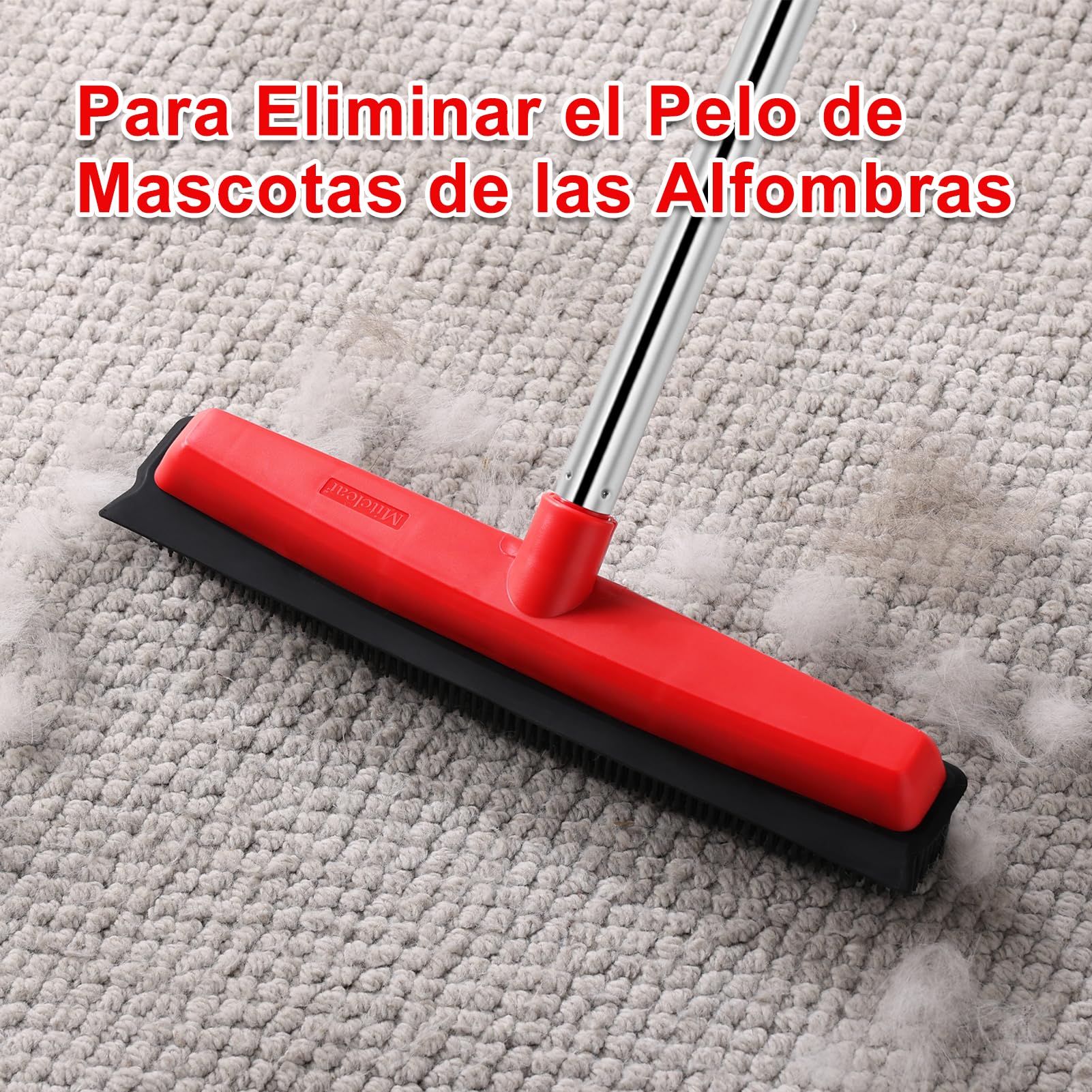 Mitclear Escoba de goma con mango largo 60 pulgadas, cepillo de suelo 2 en 1 con escobilla integrada 13 pulgadas, removedor pelo mascotas